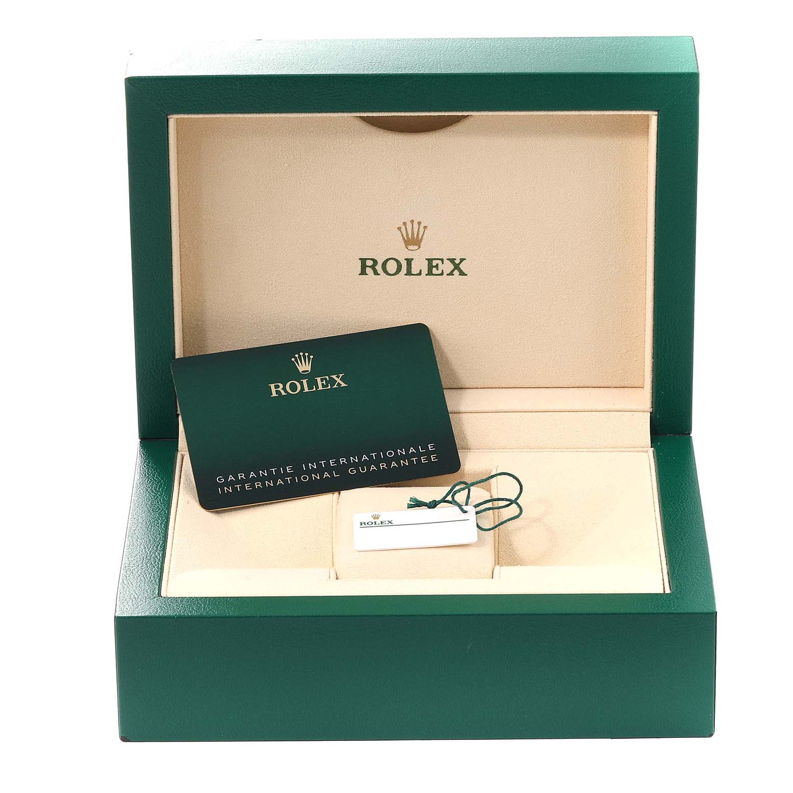 The image shows an open green box of a Rolex GMT-Master 126710BLNR Men
s Stainless Steel Black Dial 126710BLNR Men
s Stainless Steel Black Dial watch, displaying a warranty card and a tag inside.