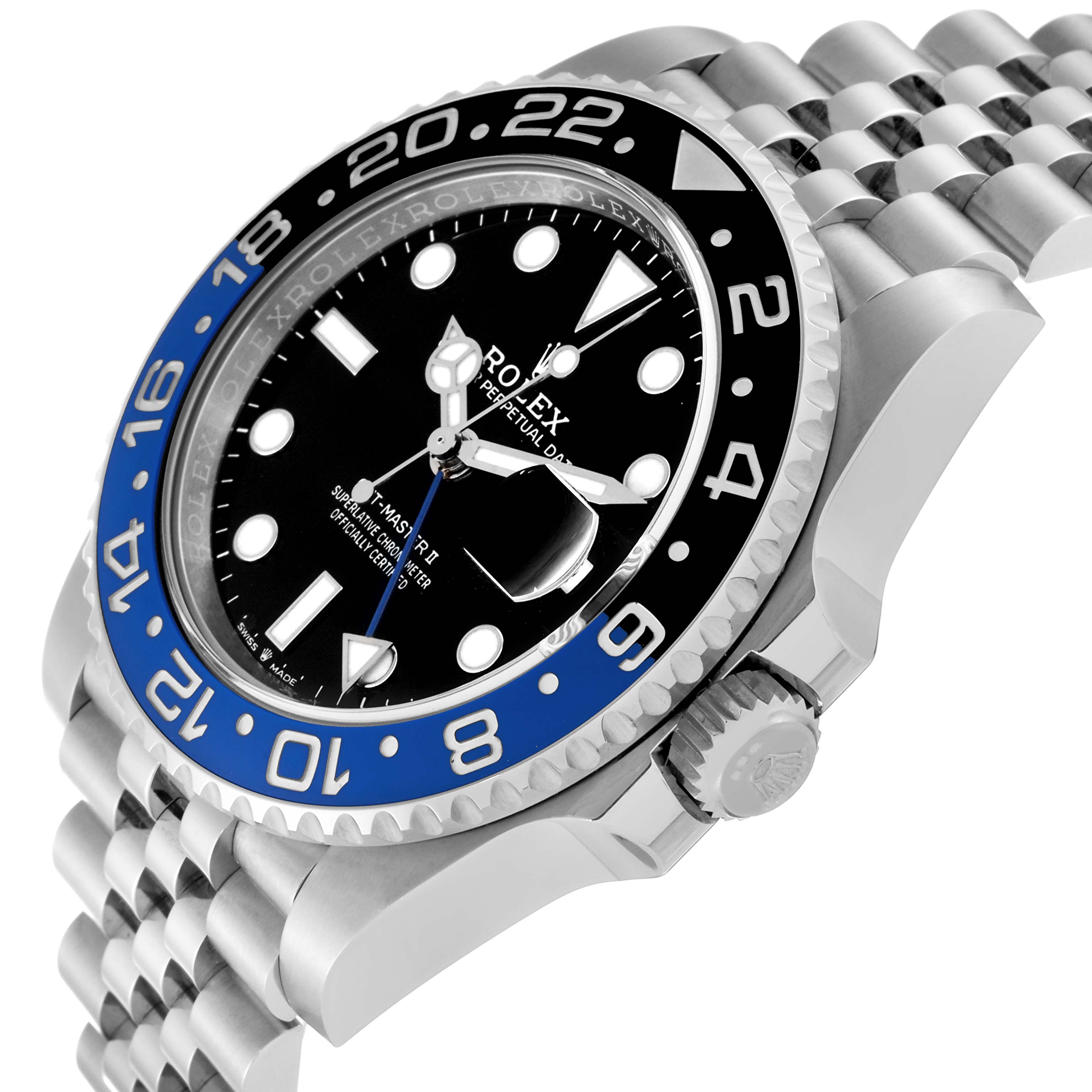 The image shows a close-up angled view of a Rolex GMT-Master 126710BLNR Men
s Stainless Steel Black Dial 126710BLNR Men
s Stainless Steel Black Dial watch, highlighting its bezel, dial, and part of the bracelet.