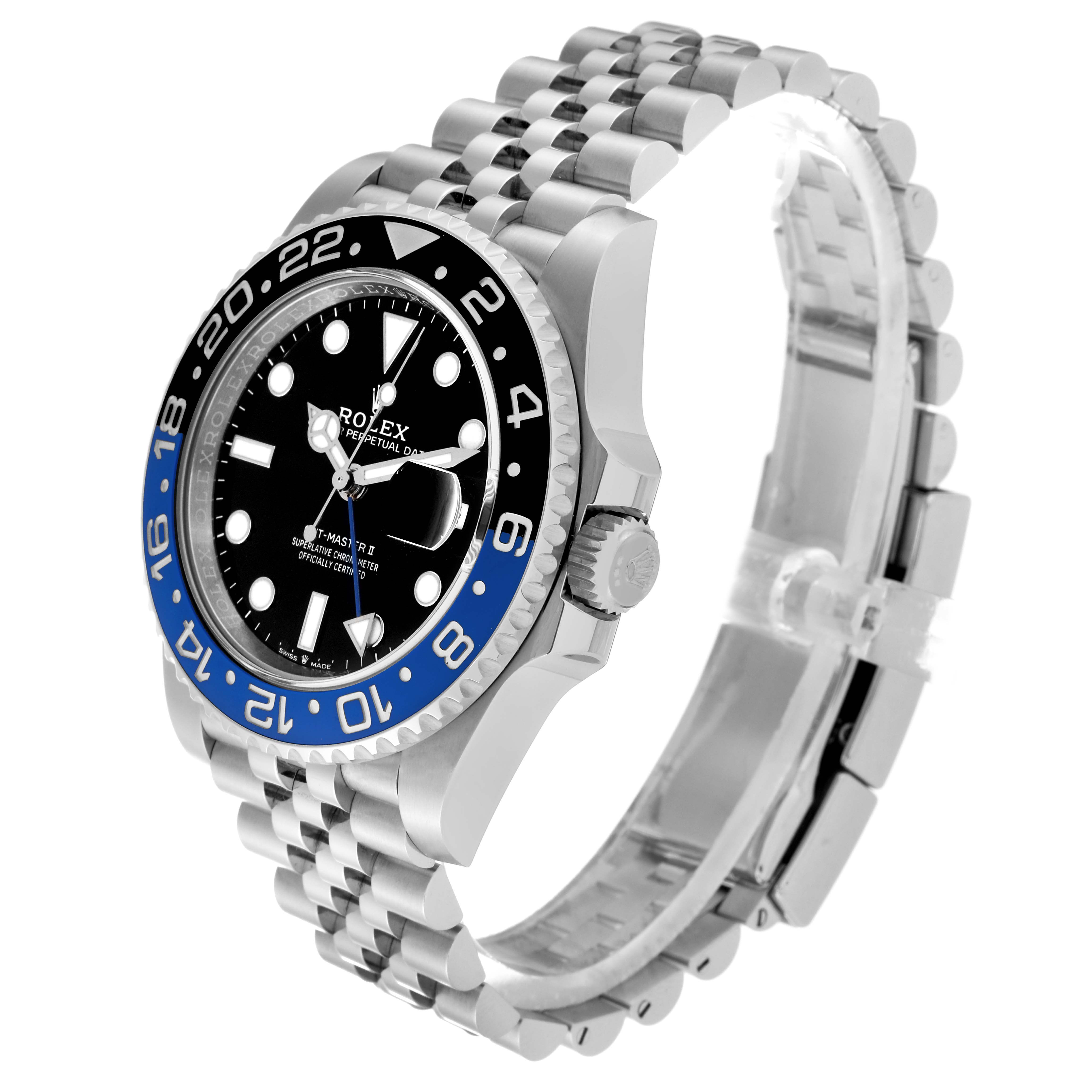 The Rolex GMT-Master 126710BLNR Men
s Stainless Steel Black Dial 126710BLNR Men
s Stainless Steel Black Dial watch is shown at a three-quarter angle, displaying its black and blue bezel, dial, and Jubilee bracelet.