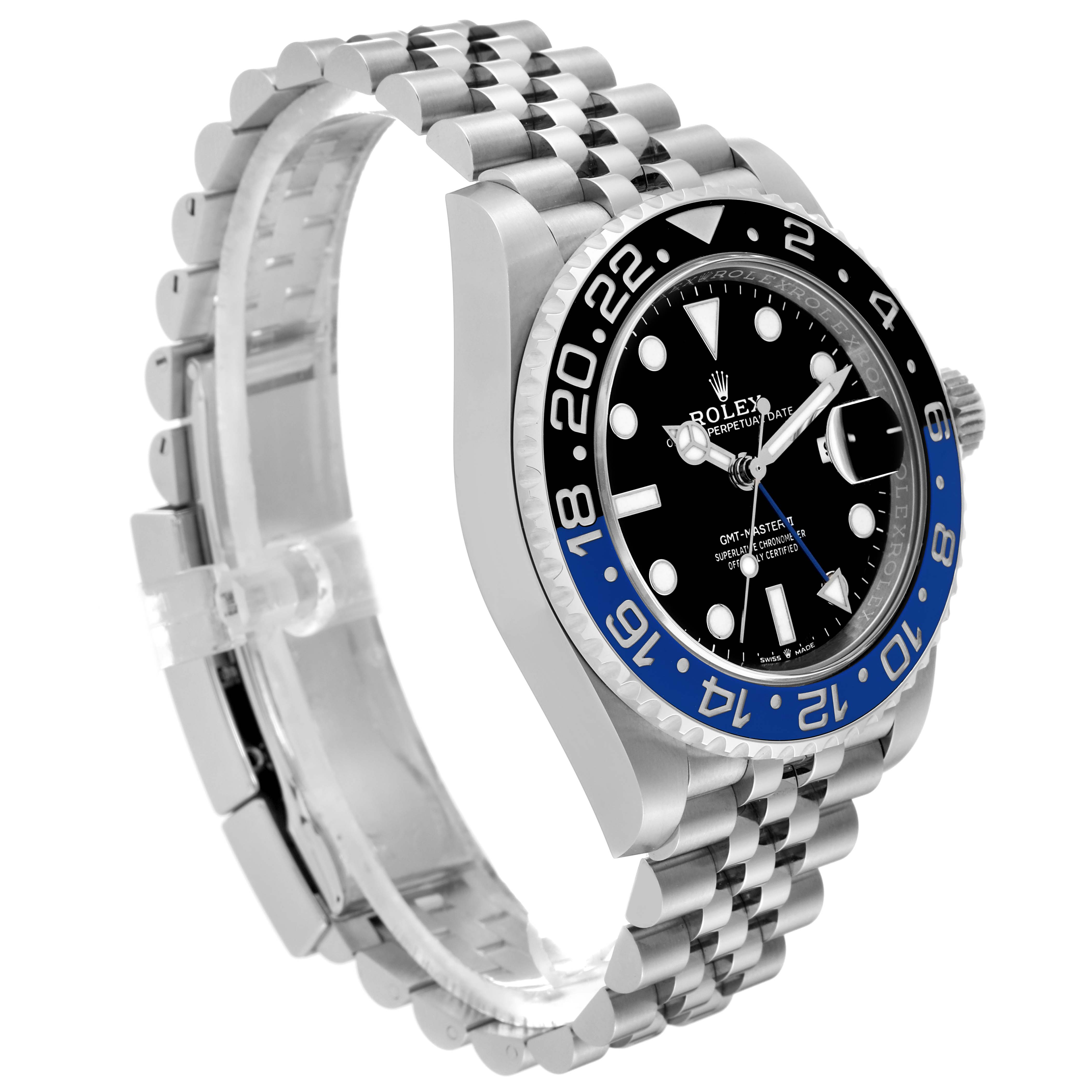 The Rolex GMT-Master 126710BLNR Men
s Stainless Steel Black Dial 126710BLNR Men
s Stainless Steel Black Dial watch is shown at an angled side view, displaying its bezel, face, and jubilee bracelet.
