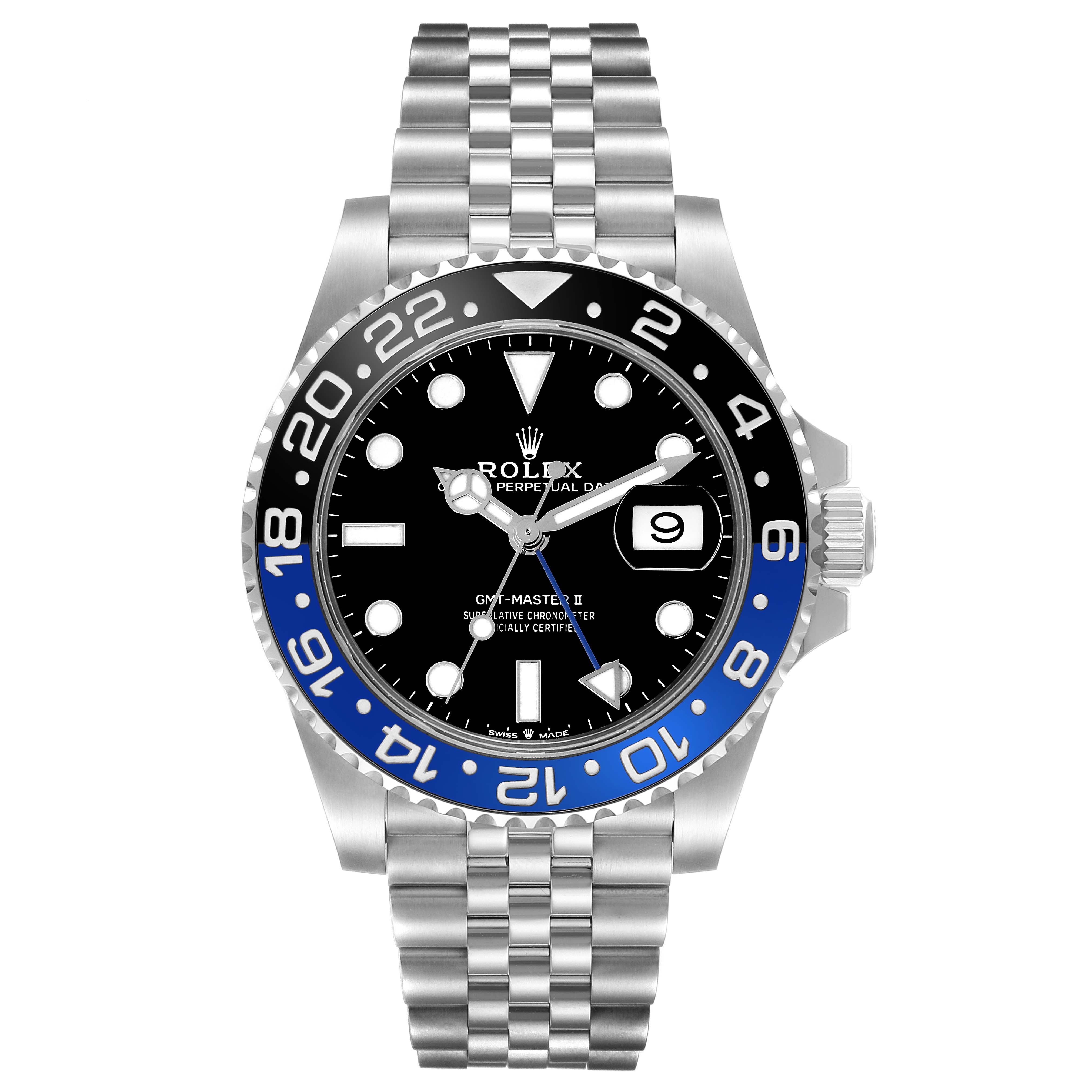 The Rolex GMT-Master 126710BLNR Men
s Stainless Steel Black Dial 126710BLNR Men
s Stainless Steel Black Dial watch is shown from a front angle, displaying its black and blue bezel, dial, hands, and metal bracelet.