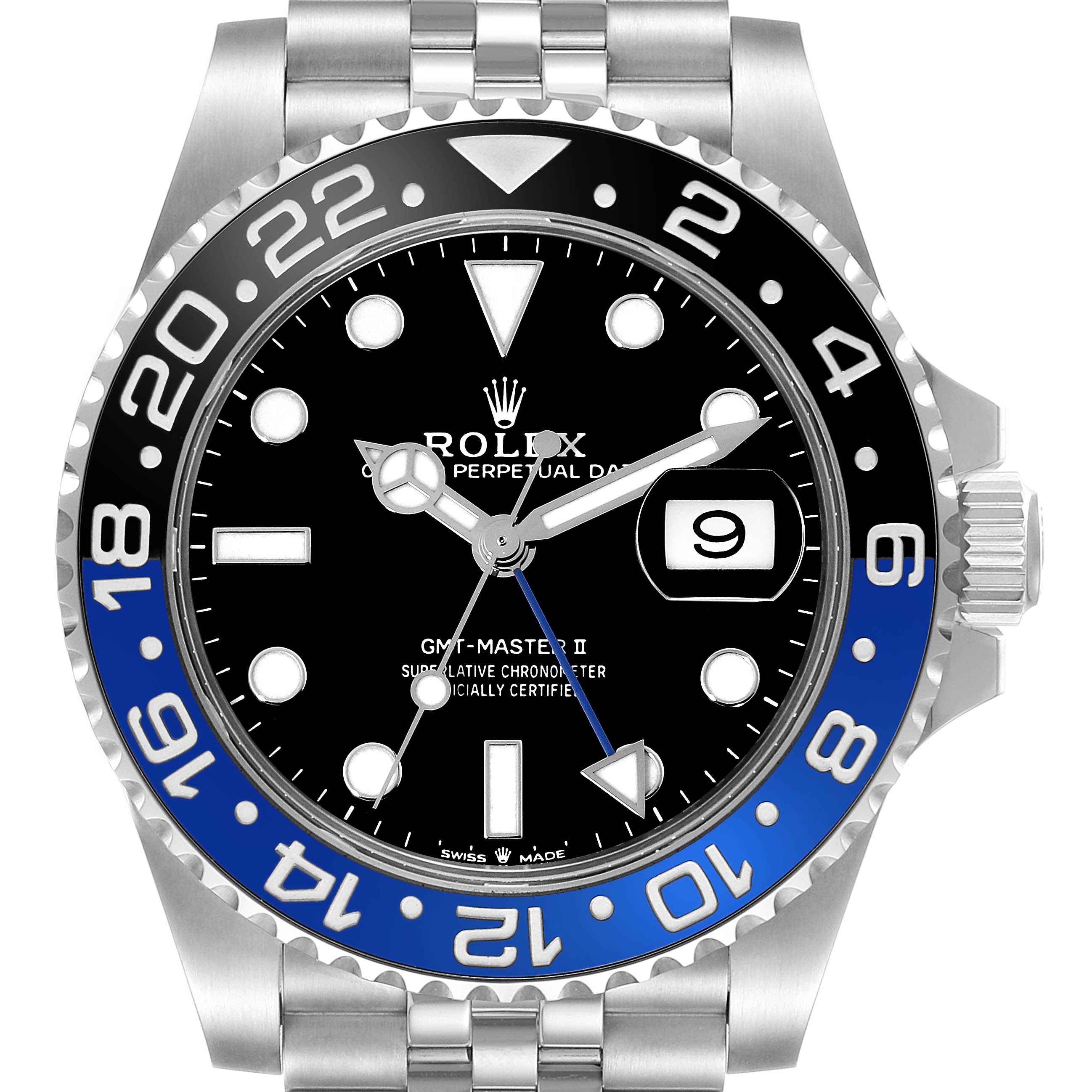 The image shows a Rolex GMT-Master 126710BLNR Men
s Stainless Steel Black Dial 126710BLNR Men
s Stainless Steel Black Dial II watch from a front angle, highlighting its dial, bezel, and crown. 