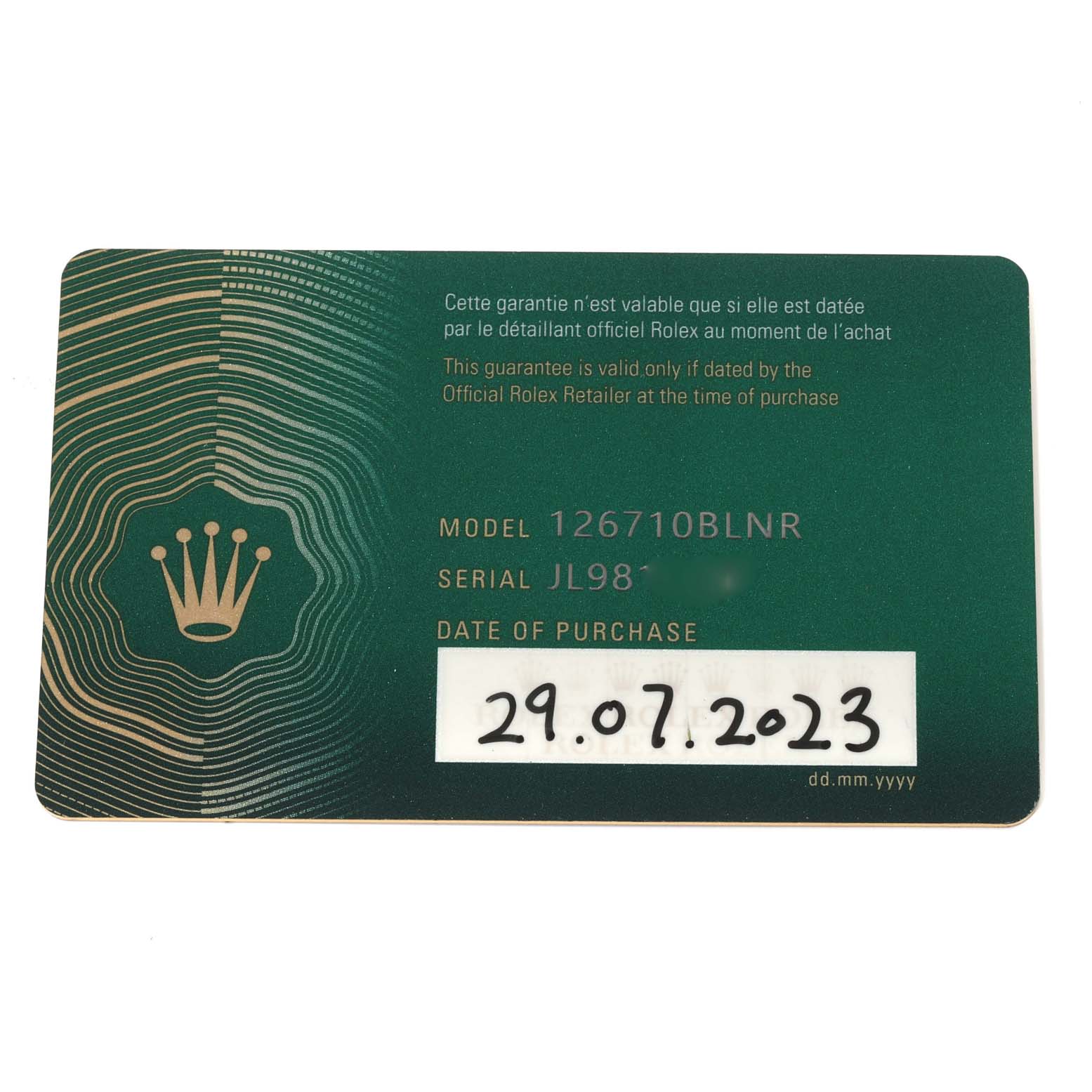 This image shows the official warranty card for the Rolex GMT-Master 126710BLNR Men
s Stainless Steel Black Dial 126710BLNR Men
s Stainless Steel Black Dial model 126710BLNR.