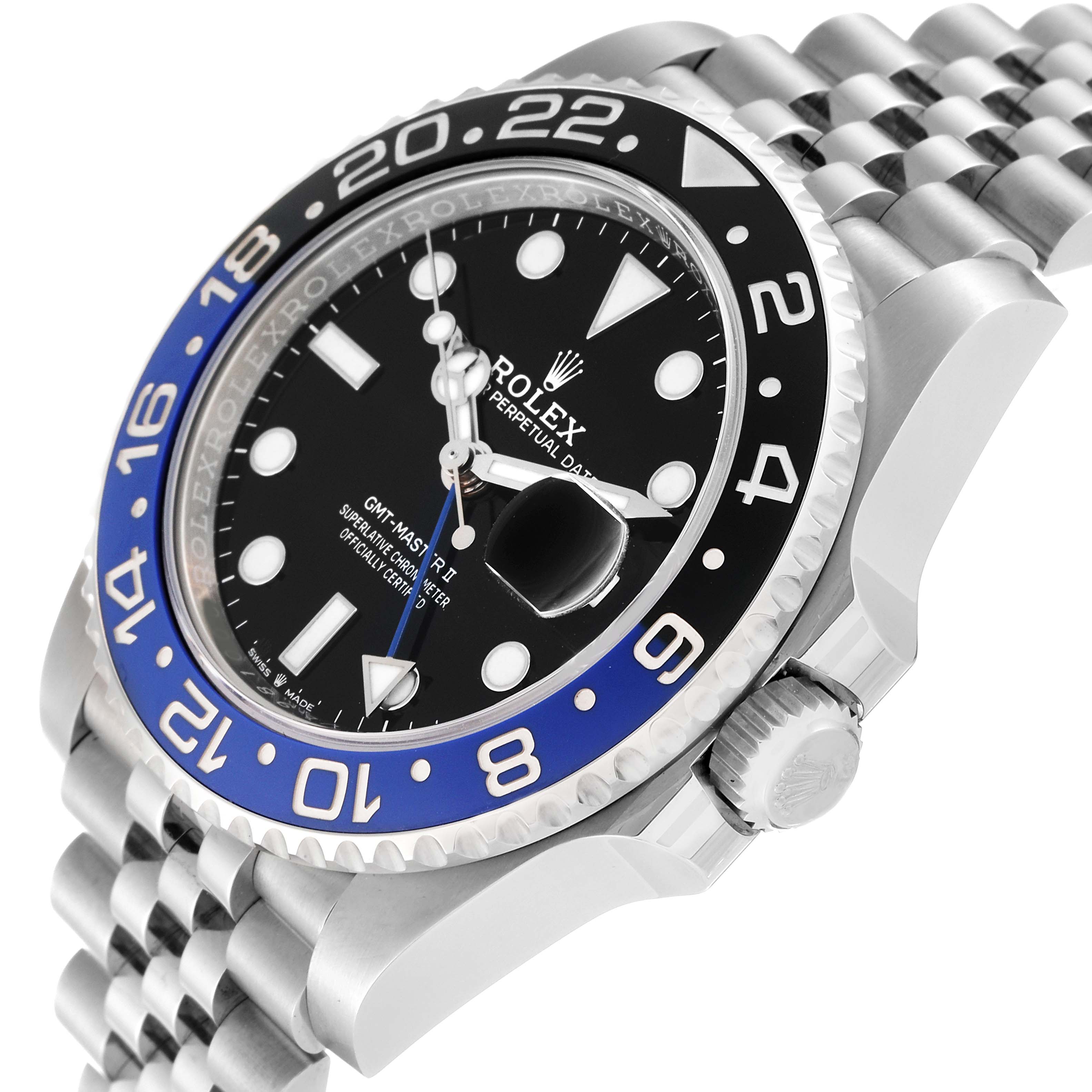 The image shows a close-up angle of the Rolex GMT-Master 126710BLNR Men
s Stainless Steel Black Dial 126710BLNR Men
s Stainless Steel Black Dial watch, focusing on its face, bezel, and part of the bracelet.