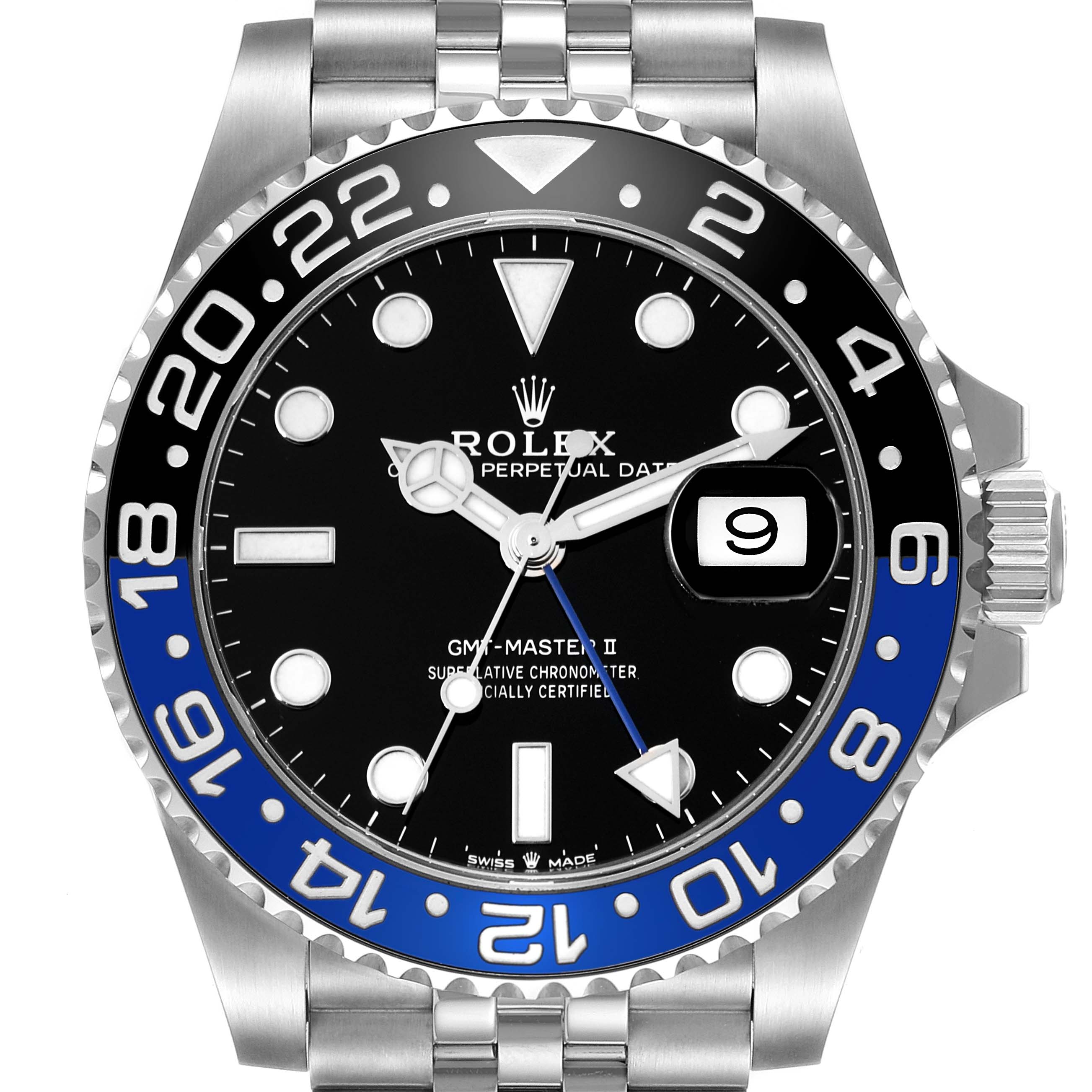 The image shows a front angle of the Rolex GMT-Master 126710BLNR Men
s Stainless Steel Black Dial 126710BLNR Men
s Stainless Steel Black Dial II watch, highlighting its dial, hands, and bezel.