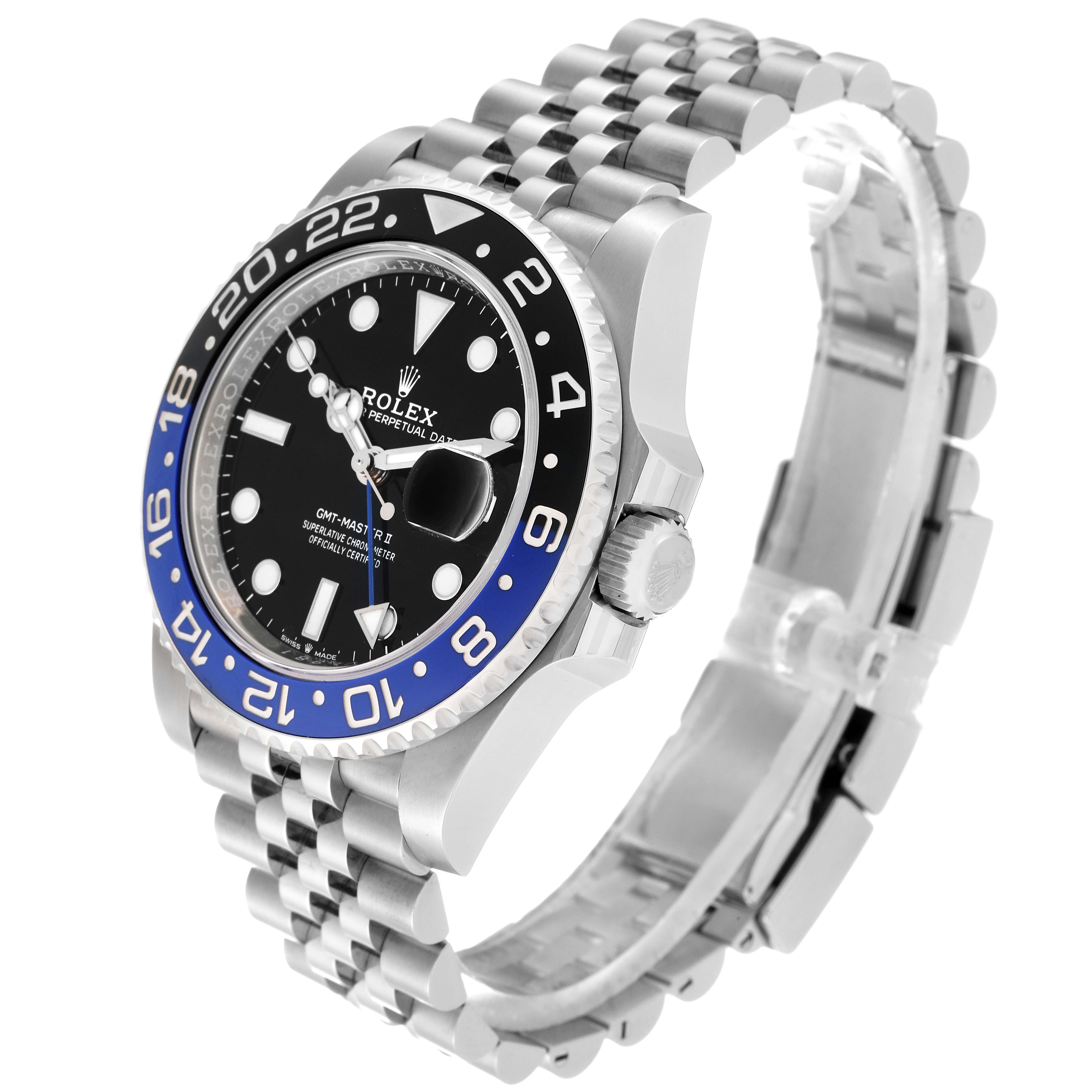 This image shows a side angle of a Rolex GMT-Master 126710BLNR Men
s Stainless Steel Black Dial 126710BLNR Men
s Stainless Steel Black Dial II watch, highlighting the bezel, dial, and bracelet.