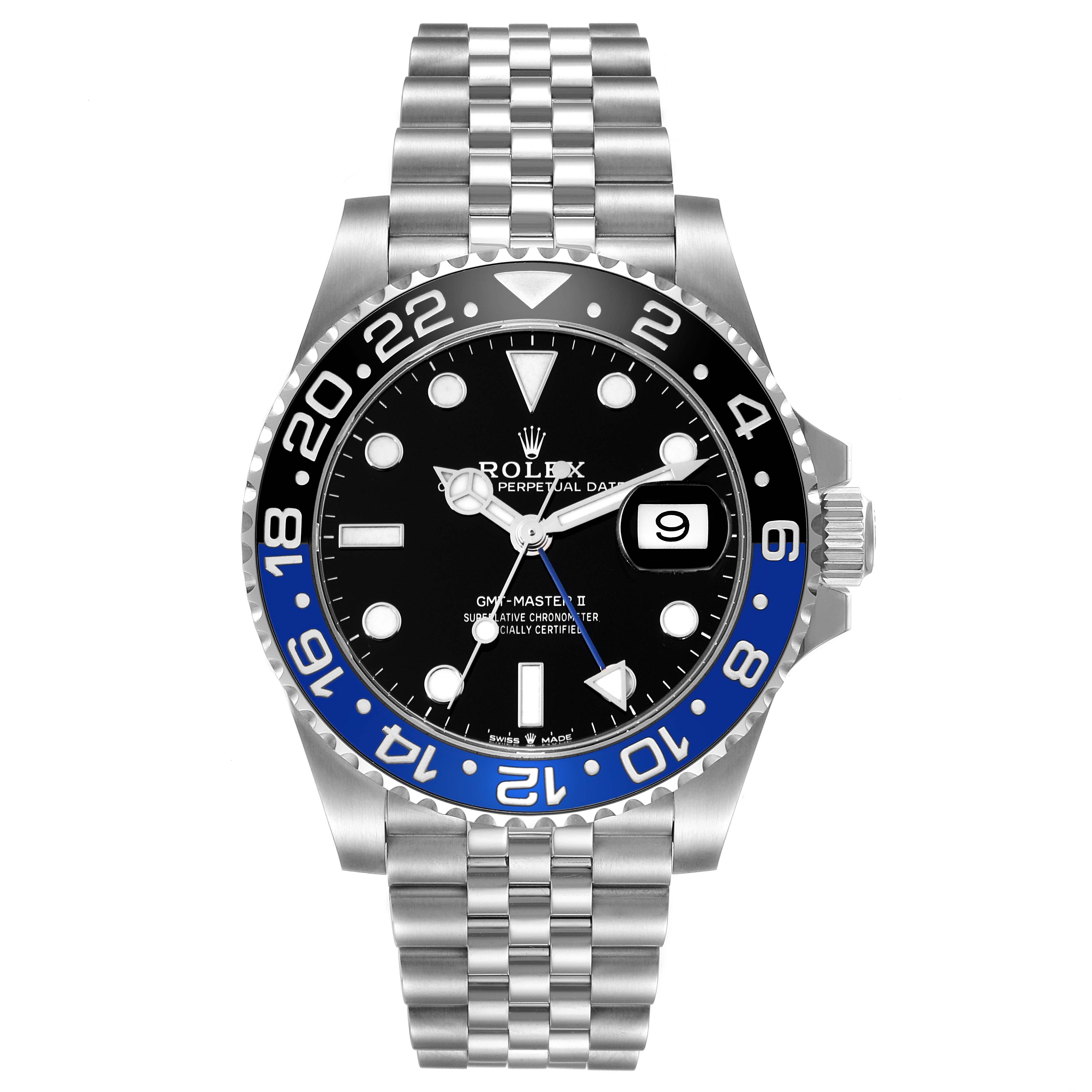 The image shows a front view of a Rolex GMT-Master 126710BLNR Men
s Stainless Steel Black Dial 126710BLNR Men
s Stainless Steel Black Dial II watch, displaying the bezel, dial, case, and bracelet.