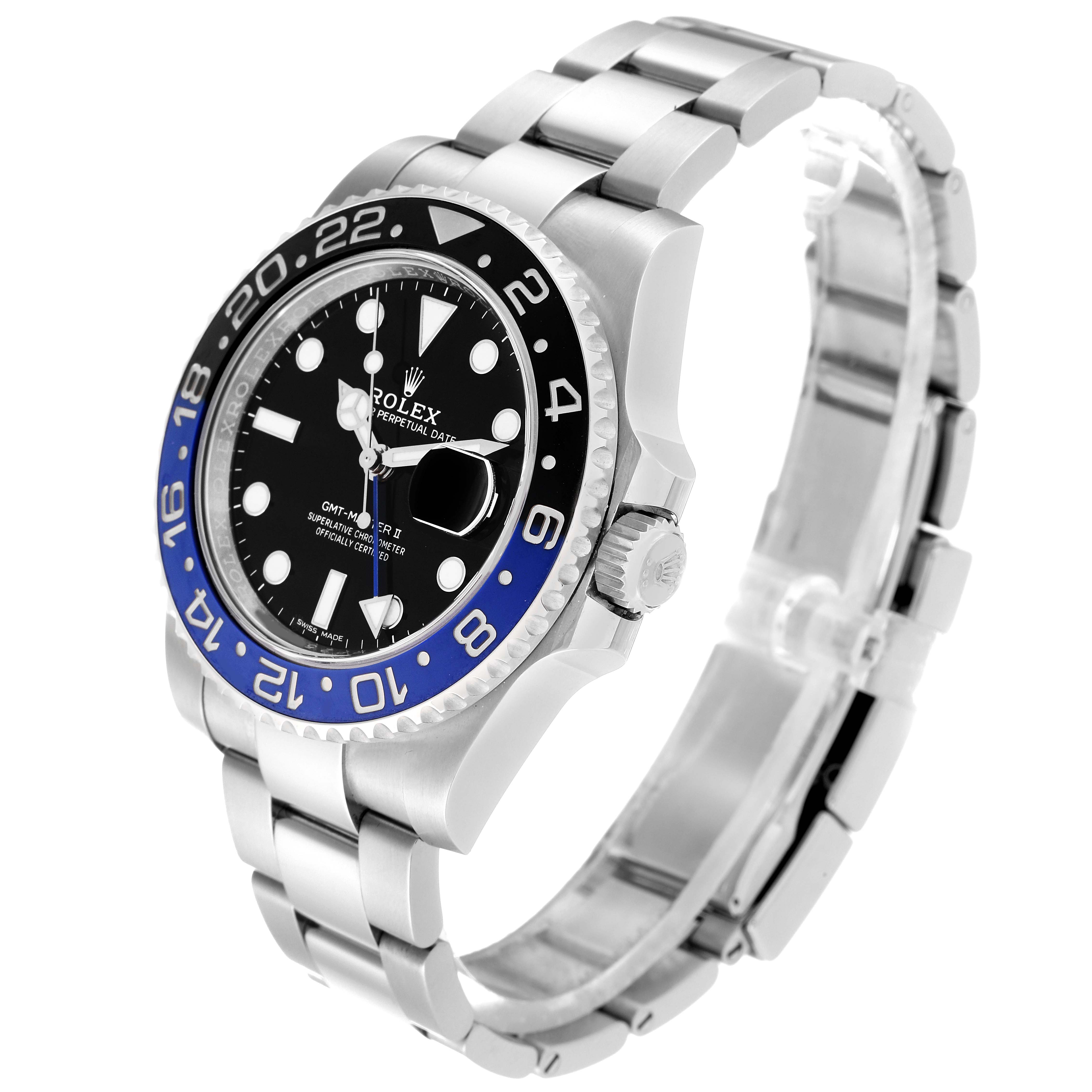 This image shows a Rolex GMT-Master 116710BLNR Men
s Stainless Steel Black Dial 116710BLNR Men
s Stainless Steel Black Dial watch angled to highlight the case, bezel, dial, crown, and bracelet.