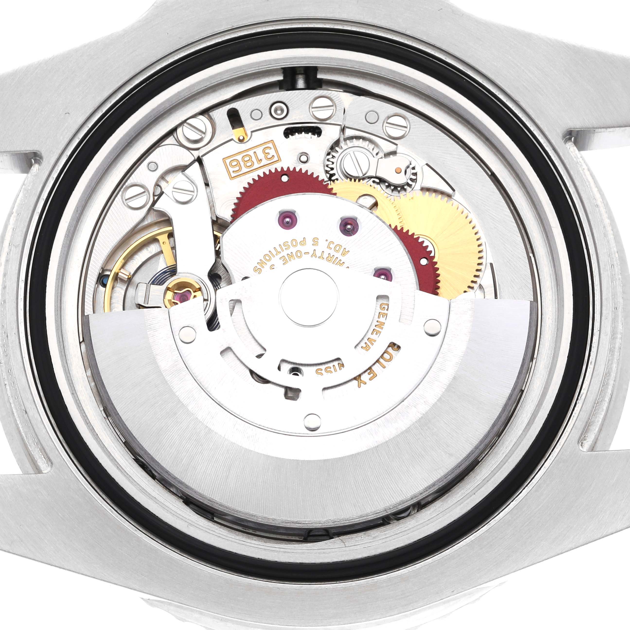 The image shows the back view of a Rolex GMT-Master 116710BLNR Men
s Stainless Steel Black Dial 116710BLNR Men
s Stainless Steel Black Dial watch, revealing its intricate internal movement and components.