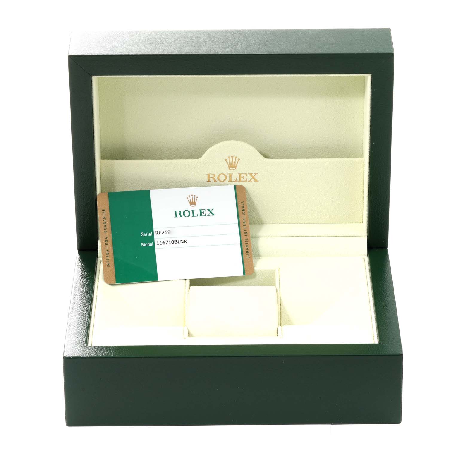 The image shows an open Rolex watch box with a GMT-Master model card displayed inside.