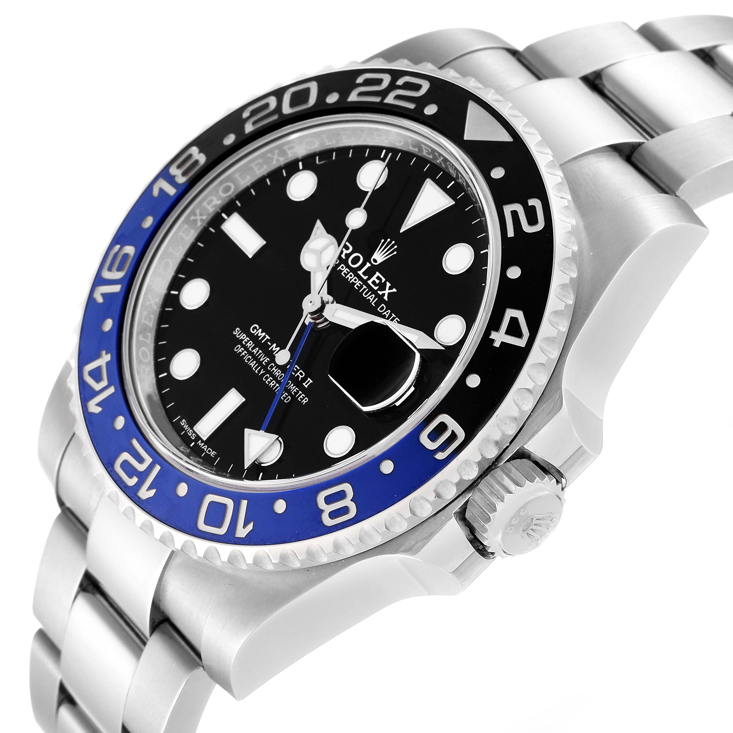 This image shows a side-angle view of the Rolex GMT-Master 116710BLNR Men
s Stainless Steel Black Dial 116710BLNR Men
s Stainless Steel Black Dial II, highlighting its bezel, dial, and bracelet.