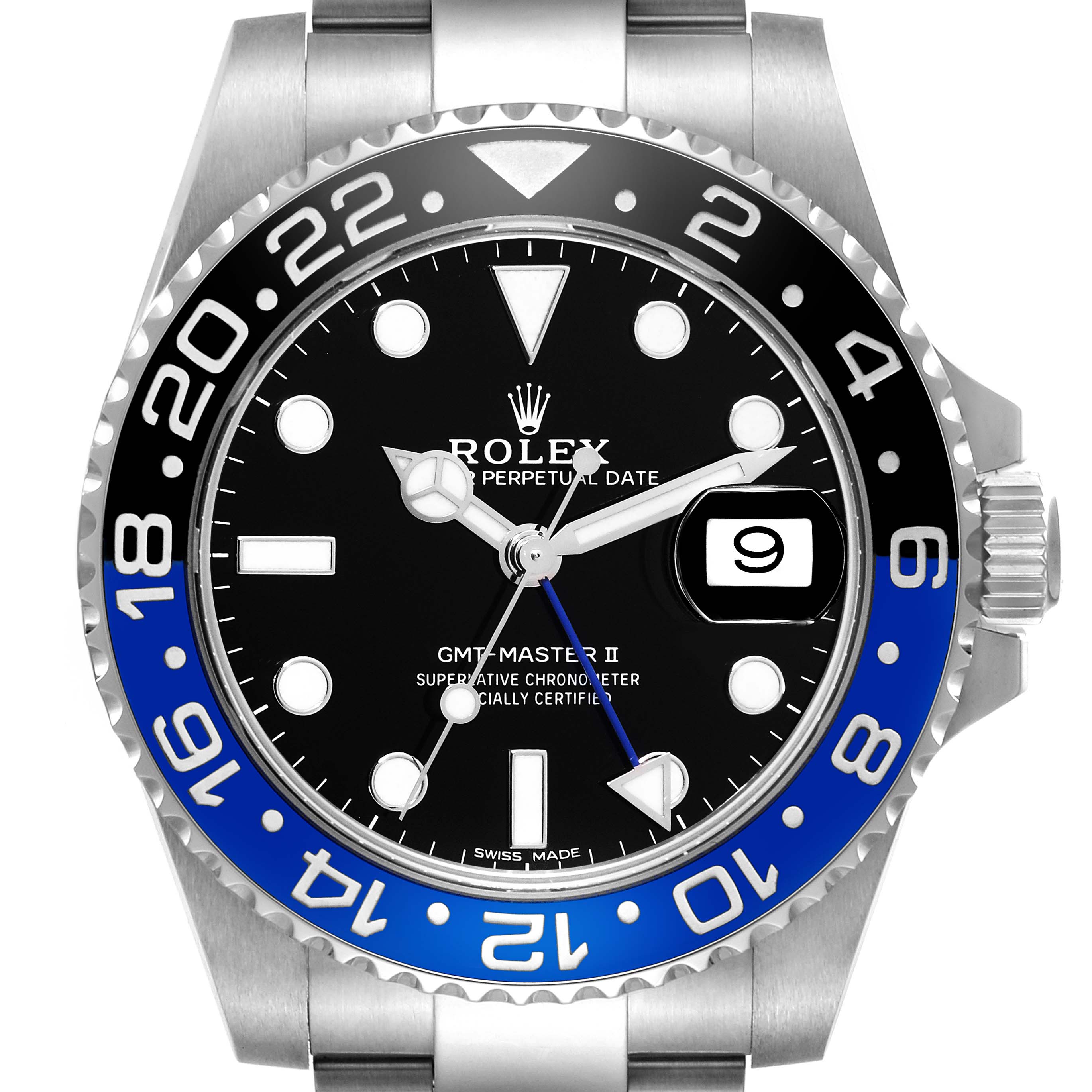 The image shows a Rolex GMT-Master 116710BLNR Men
s Stainless Steel Black Dial 116710BLNR Men
s Stainless Steel Black Dial II watch from a front angle, displaying the dial, bezel, and some of the bracelet.