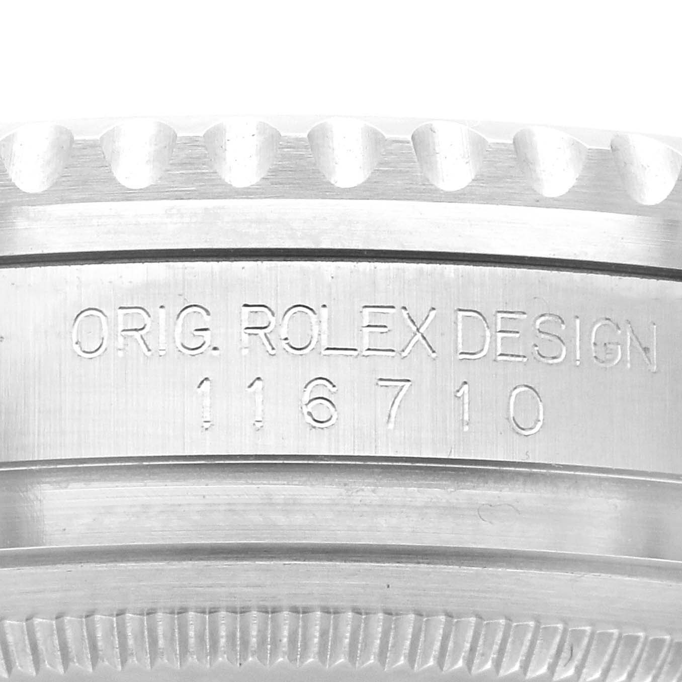 This close-up image shows the side of the GMT-Master model by Rolex, focusing on the engraved reference number "116710."
