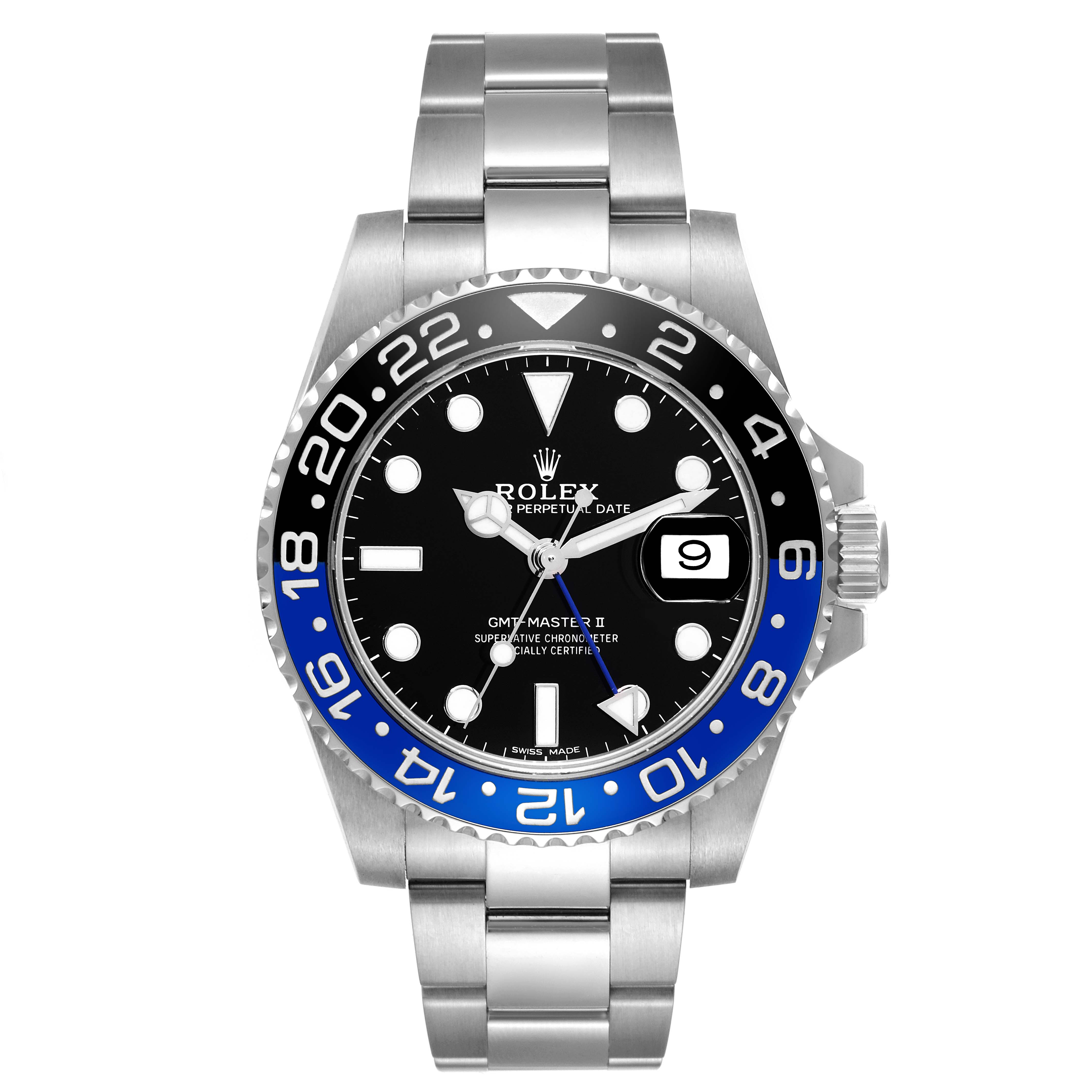 The Rolex GMT-Master 116710BLNR Men
s Stainless Steel Black Dial 116710BLNR Men
s Stainless Steel Black Dial II watch is shown from a straight-on angle, displaying its face, bezel, and part of the bracelet.