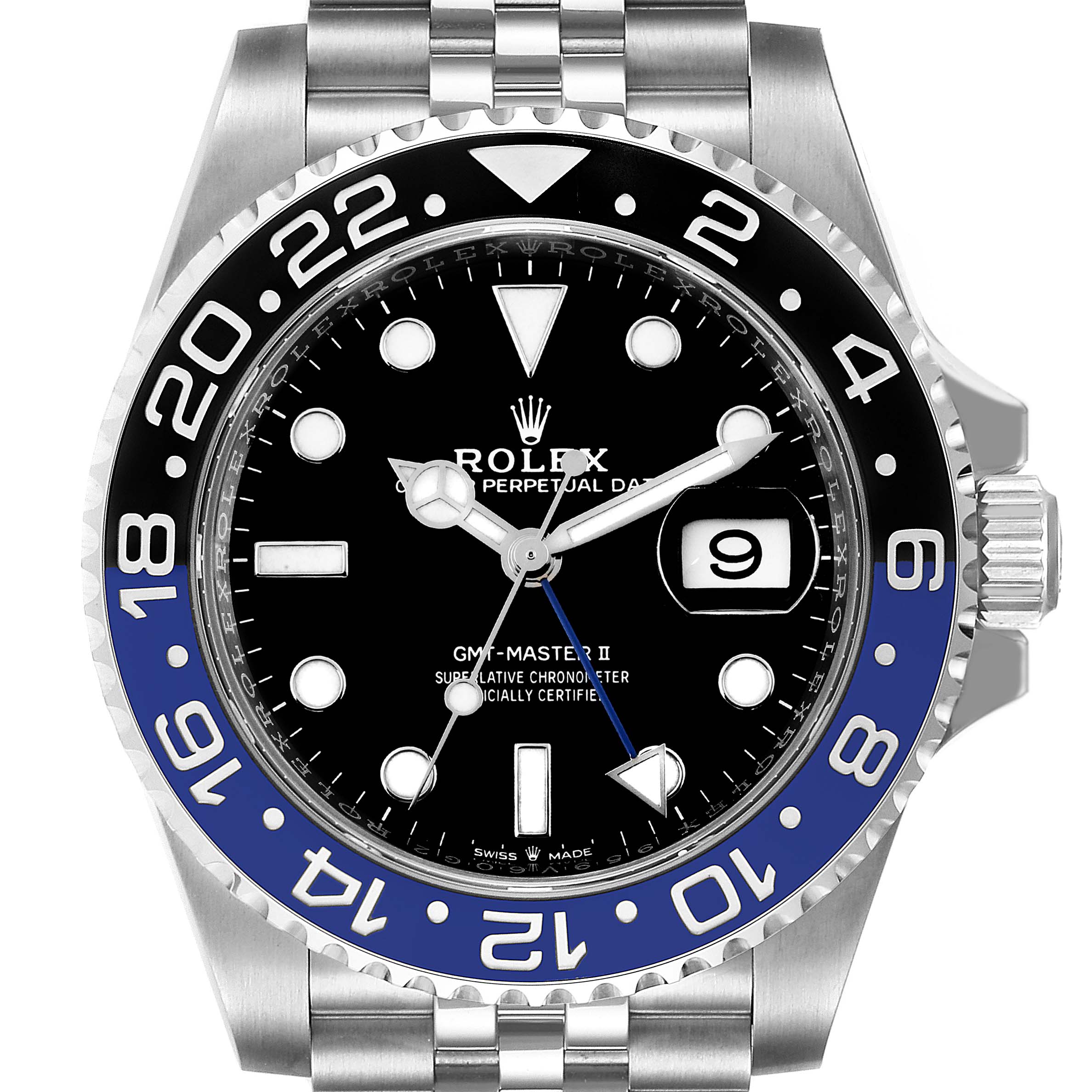 The image shows a frontal view of a Rolex GMT-Master 126710 Men's Stainless Steel Black Dial 126710 Men's Stainless Steel Black Dial II watch, displaying its dial, bezel, and partial stainless steel bracelet.
