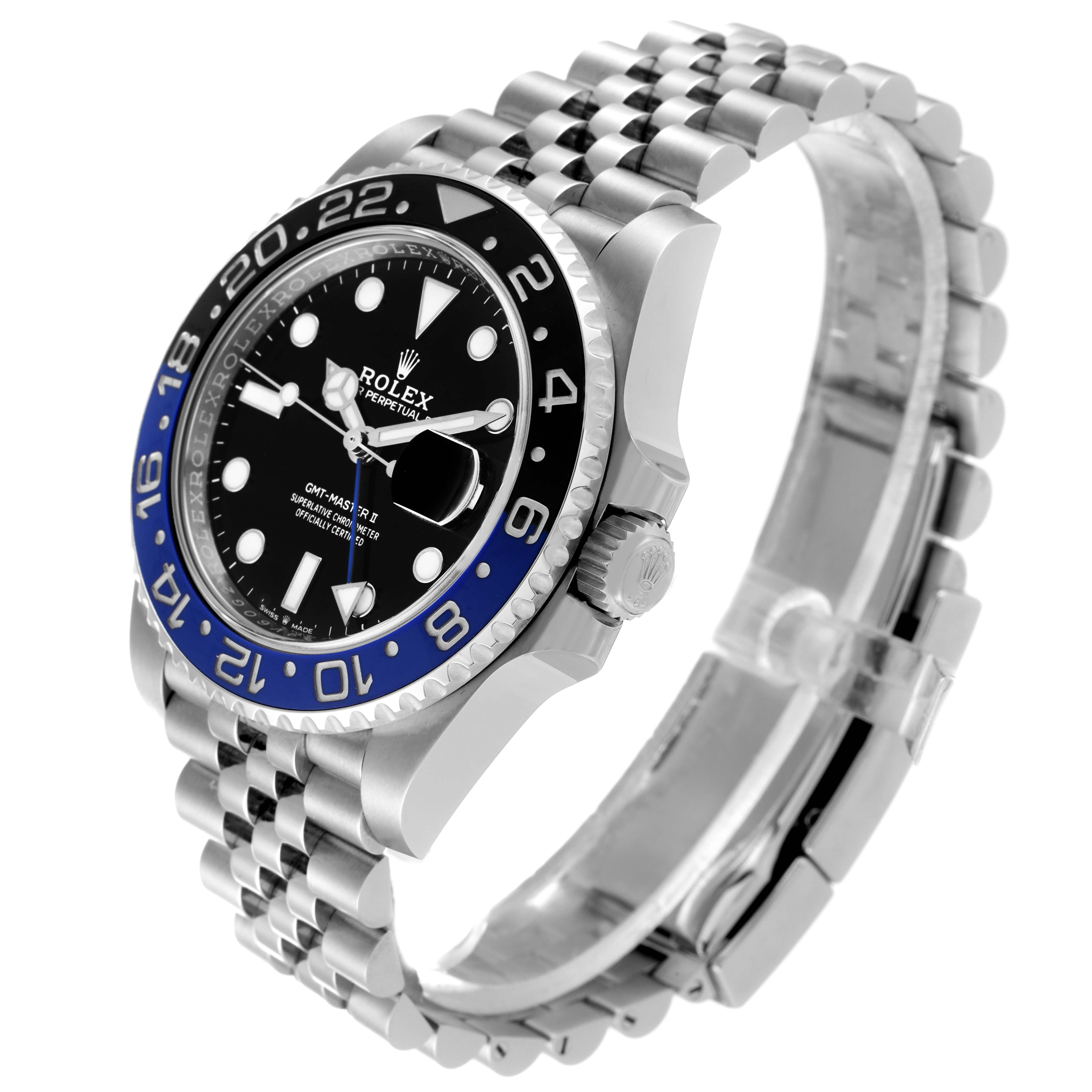 The image shows a Rolex GMT-Master 126710 Men's Stainless Steel Black Dial 126710 Men's Stainless Steel Black Dial watch angled to display the dial, bezel, crown, and jubilee bracelet.