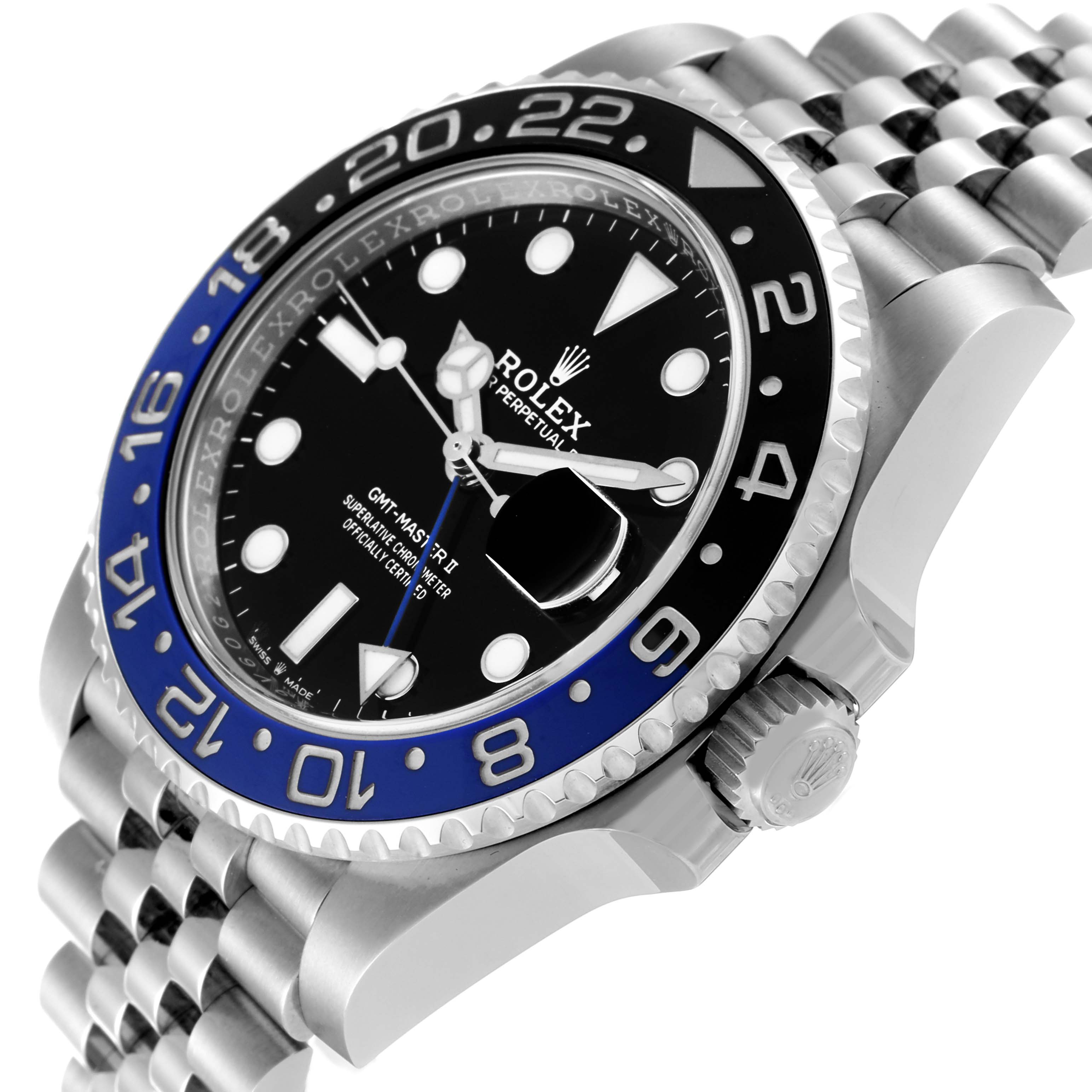 This image shows a close-up angle of the Rolex GMT-Master 126710 Men's Stainless Steel Black Dial 126710 Men's Stainless Steel Black Dial watch displaying the bezel, dial, crown, and part of the bracelet.