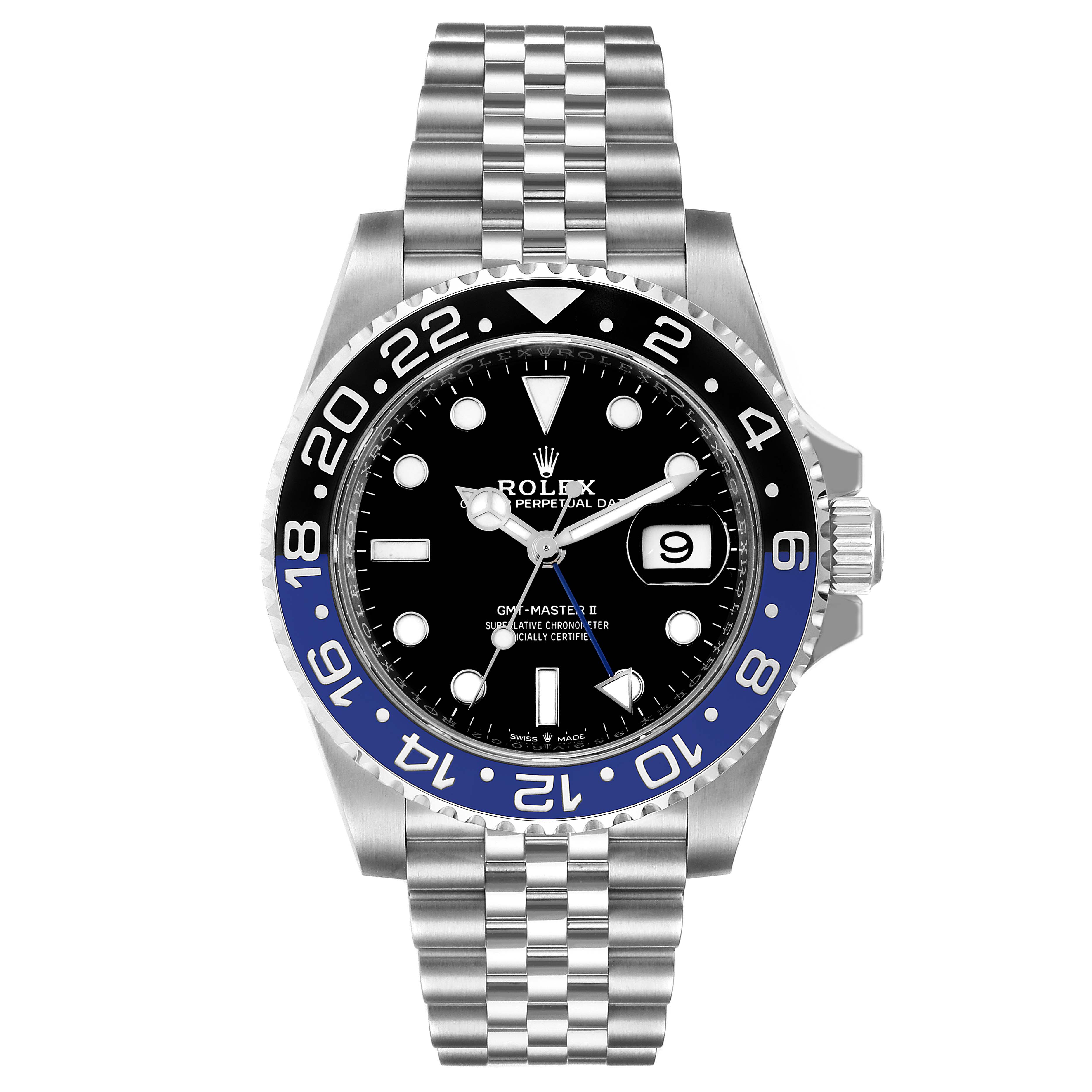 This image shows a front view of a Rolex GMT-Master 126710 Men's Stainless Steel Black Dial 126710 Men's Stainless Steel Black Dial II watch, featuring its dial, bezel, and bracelet.