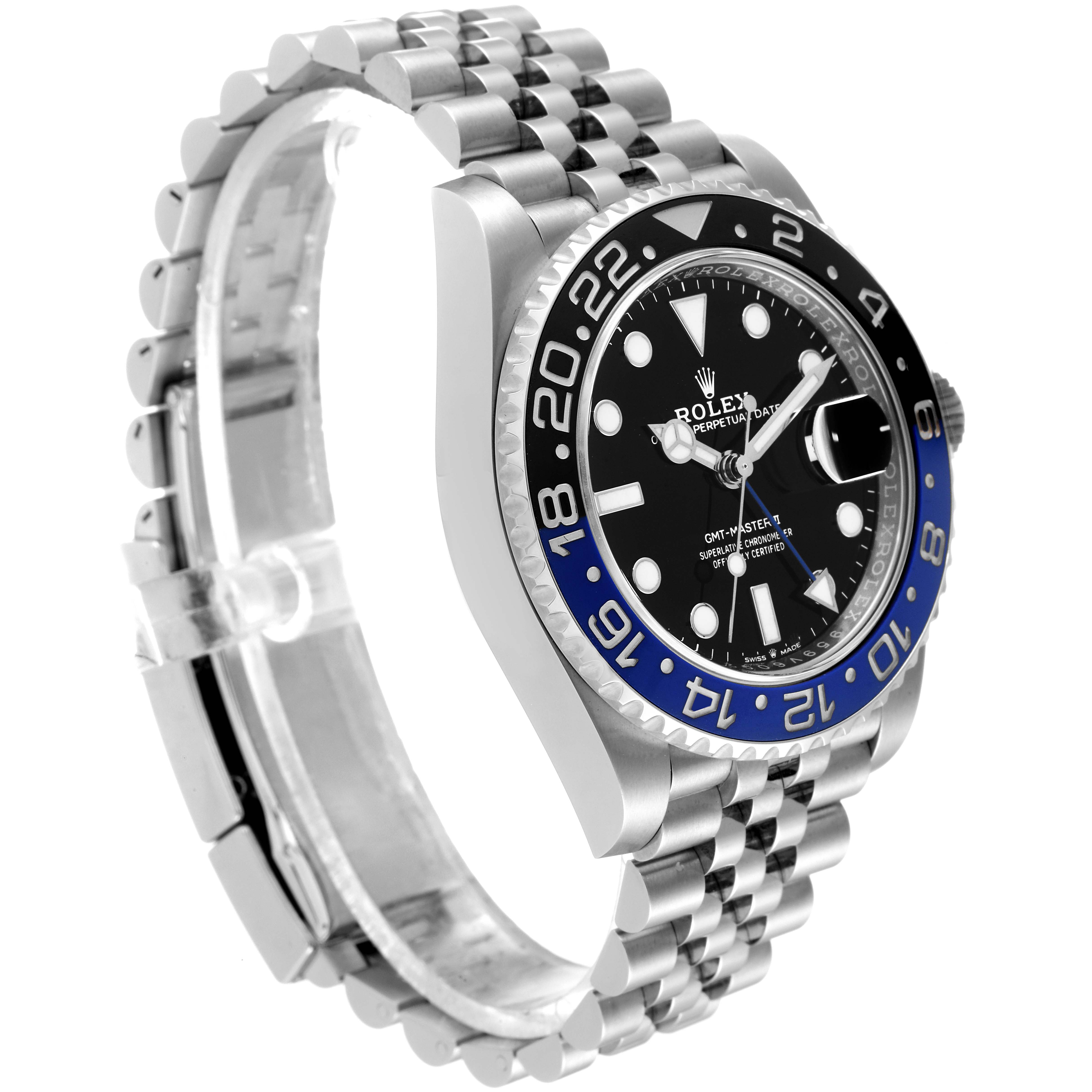 This image shows the Rolex GMT-Master 126710 Men's Stainless Steel Black Dial 126710 Men's Stainless Steel Black Dial watch from a three-quarter angle, highlighting the bezel, face, and bracelet.