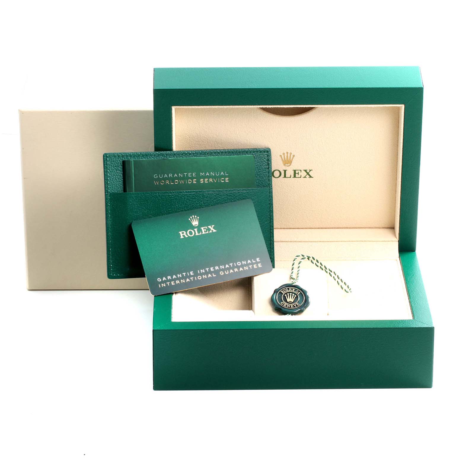 The image shows the packaging and accessories for a Rolex GMT-Master 126710 Men's Stainless Steel Black Dial 126710 Men's Stainless Steel Black Dial, including the box, warranty cards, and tag.