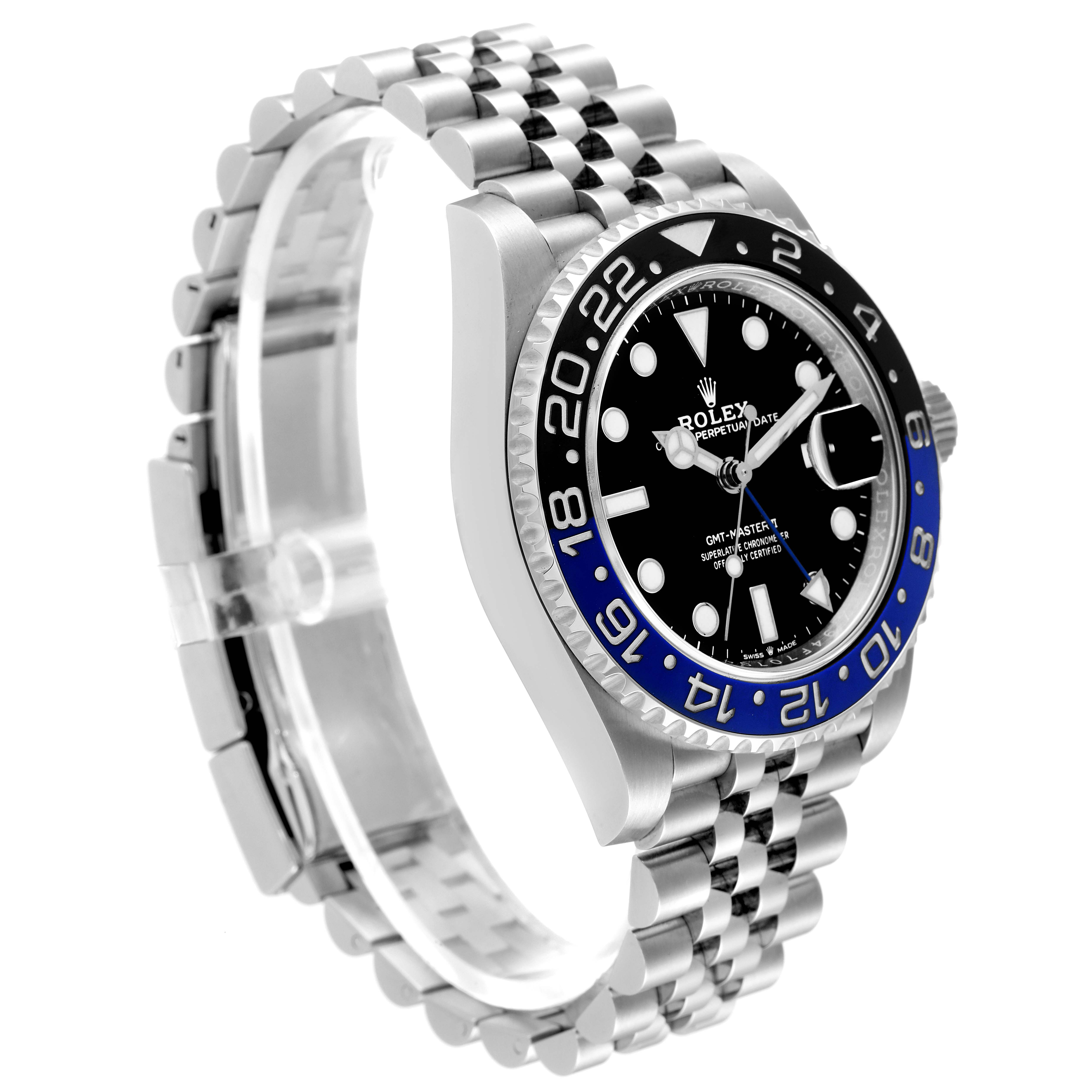 The image shows a side angled view of a Rolex GMT-Master 126710 Men
s Stainless Steel Black Dial 126710 Men
s Stainless Steel Black Dial watch, featuring its bezel, dial, and Jubilee bracelet.
