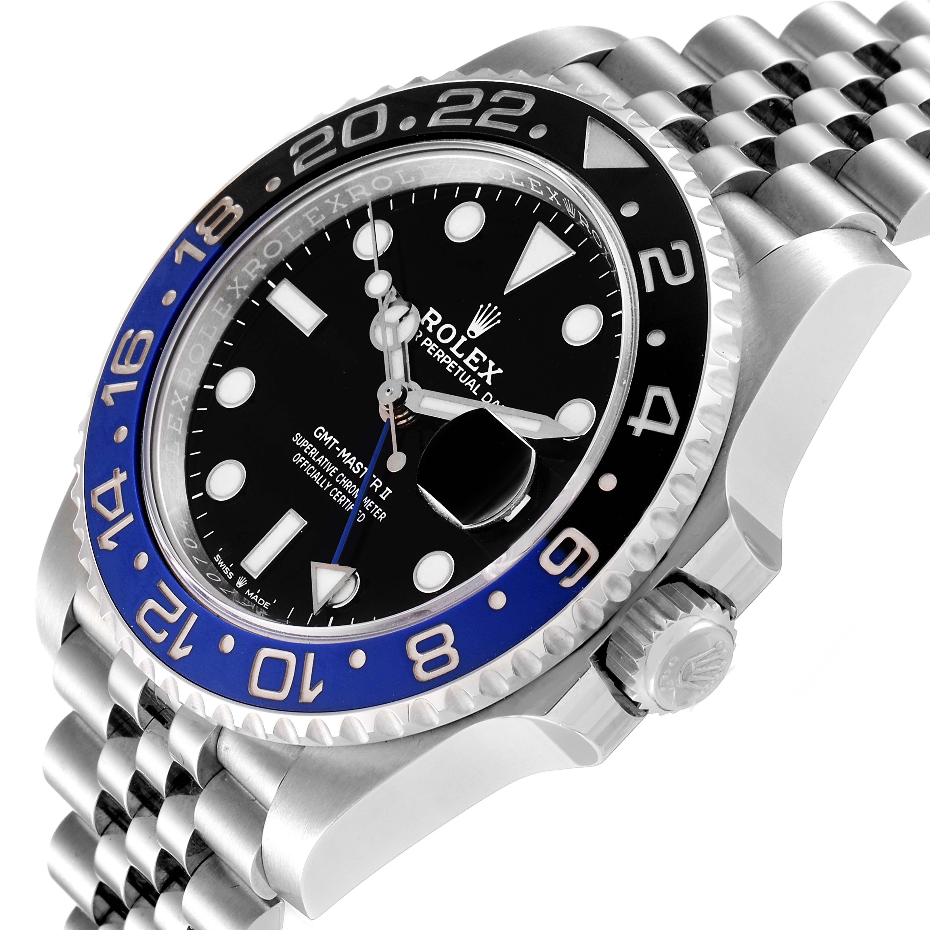This image shows a Rolex GMT-Master 126710 Men
s Stainless Steel Black Dial 126710 Men
s Stainless Steel Black Dial watch angled to feature the bezel, crown, and part of the bracelet.