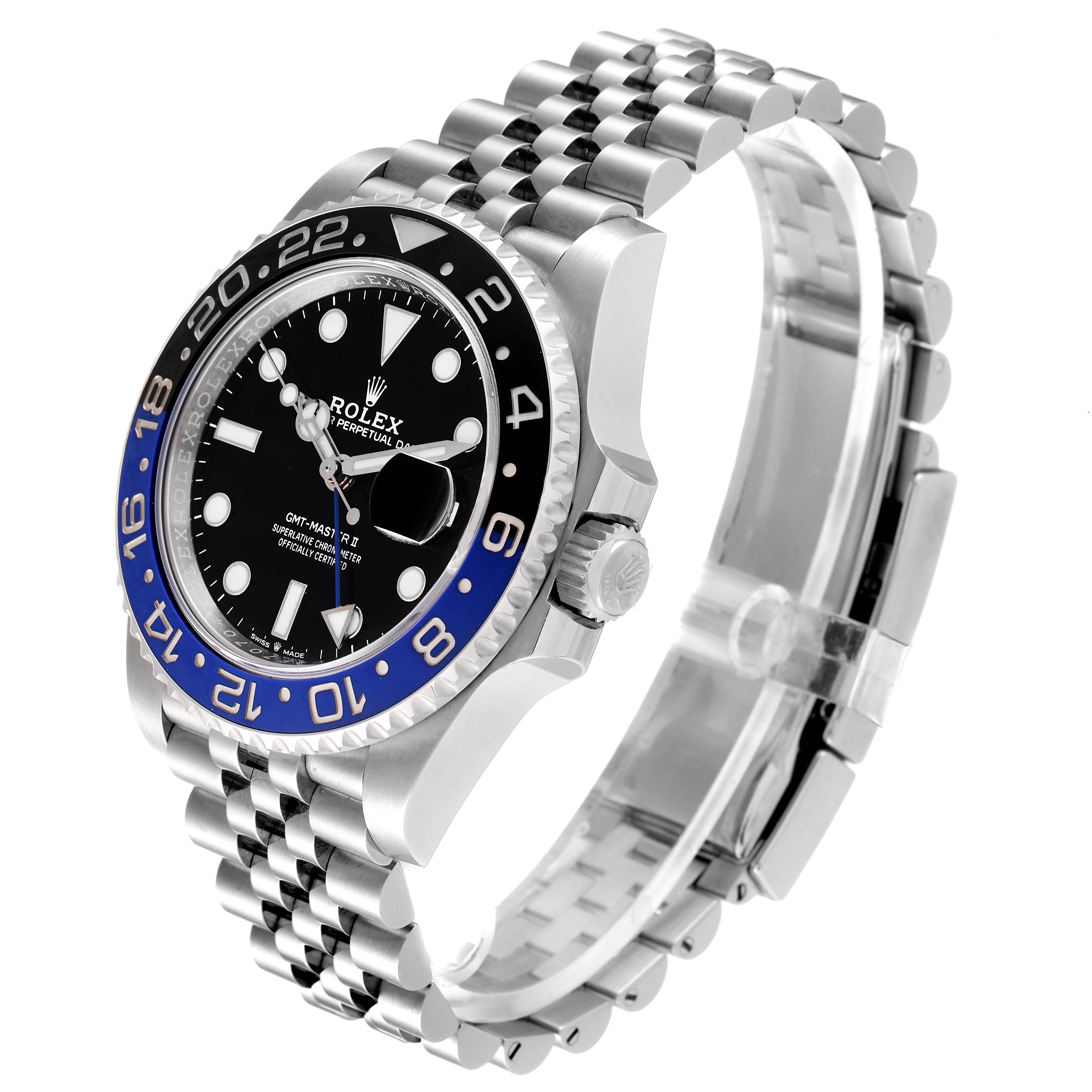 This image shows a side angle of the Rolex GMT-Master 126710 Men
s Stainless Steel Black Dial 126710 Men
s Stainless Steel Black Dial watch, featuring its bezel, dial, crown, and Jubilee bracelet.