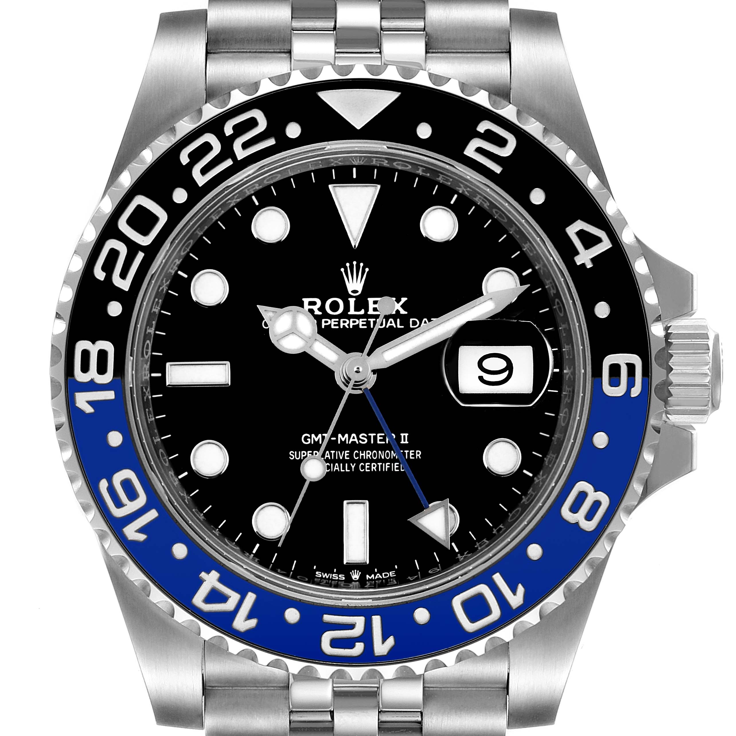 The image shows a front view of a Rolex GMT-Master 126710 Men
s Stainless Steel Black Dial 126710 Men
s Stainless Steel Black Dial II watch, highlighting its bezel, dial, hands, and crown.