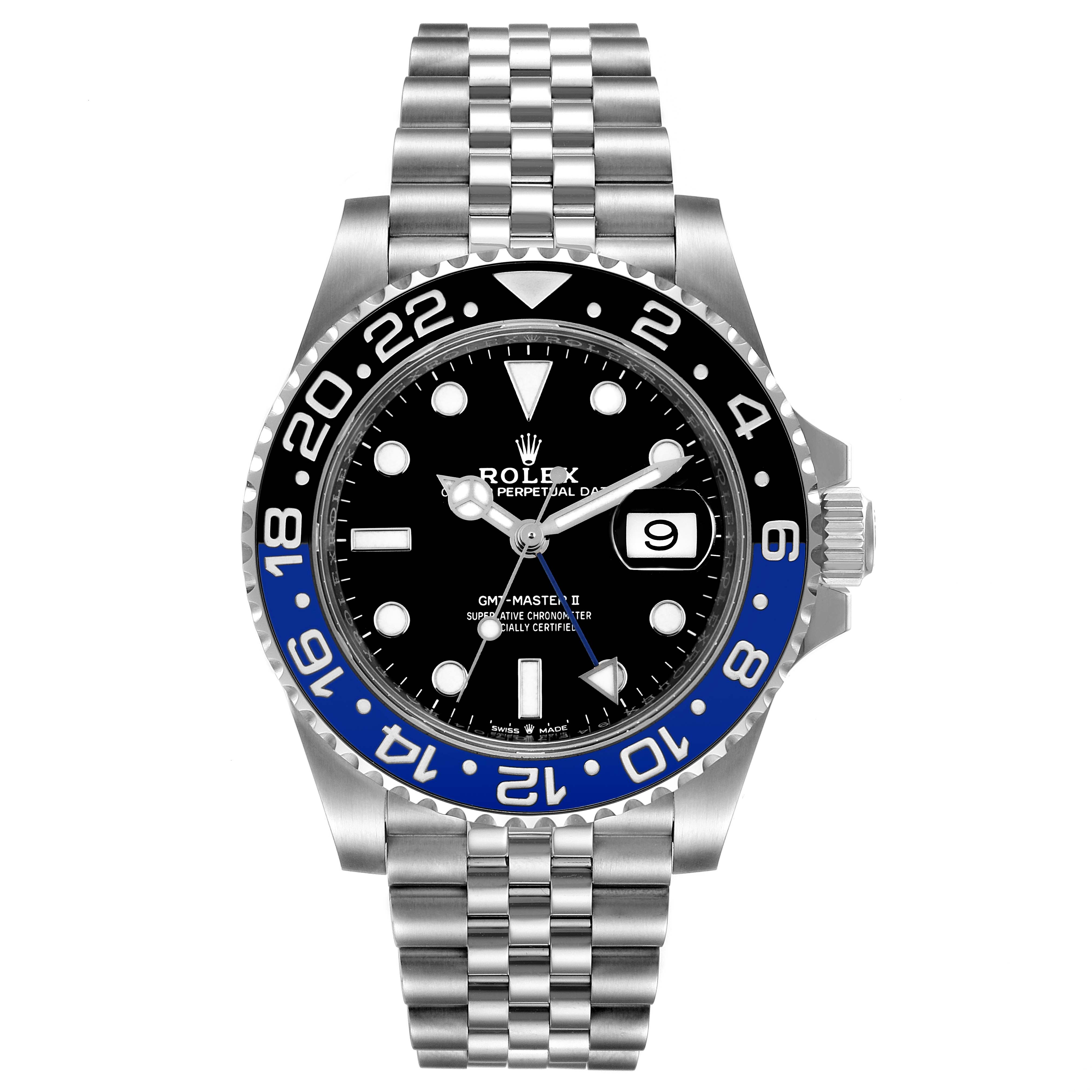 This Rolex GMT-Master 126710 Men
s Stainless Steel Black Dial 126710 Men
s Stainless Steel Black Dial watch is shown in a frontal view displaying the bezel, dial, hands, and bracelet.