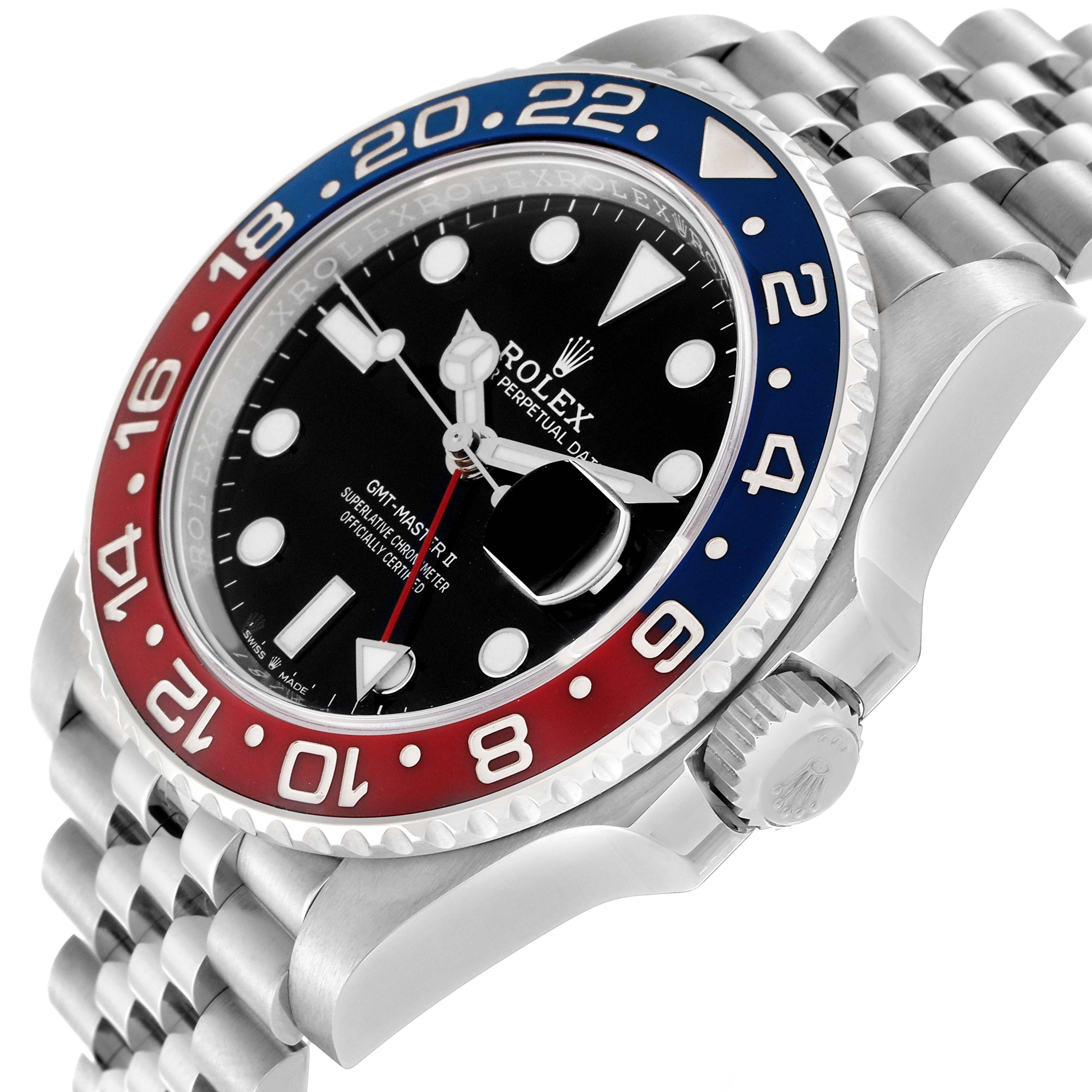 The image shows a Rolex GMT-Master 126710BLRO Men
s Stainless Steel Black Dial 126710BLRO Men
s Stainless Steel Black Dial watch at a slight angle, highlighting the bezel, face, crown, and part of the bracelet.
