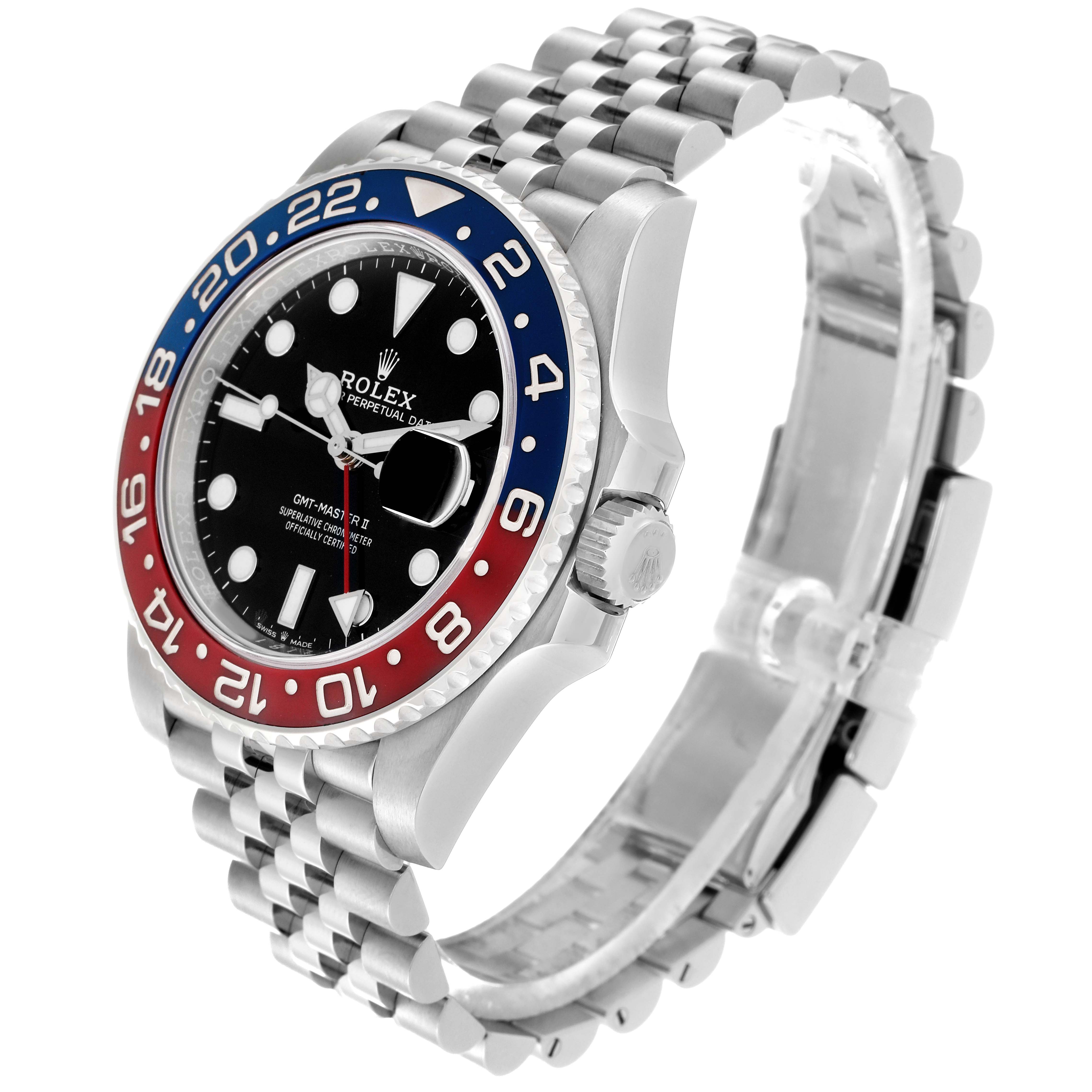 This image shows a Rolex GMT-Master 126710BLRO Men
s Stainless Steel Black Dial 126710BLRO Men
s Stainless Steel Black Dial watch at an angle that highlights the bezel, face, crown, and bracelet.