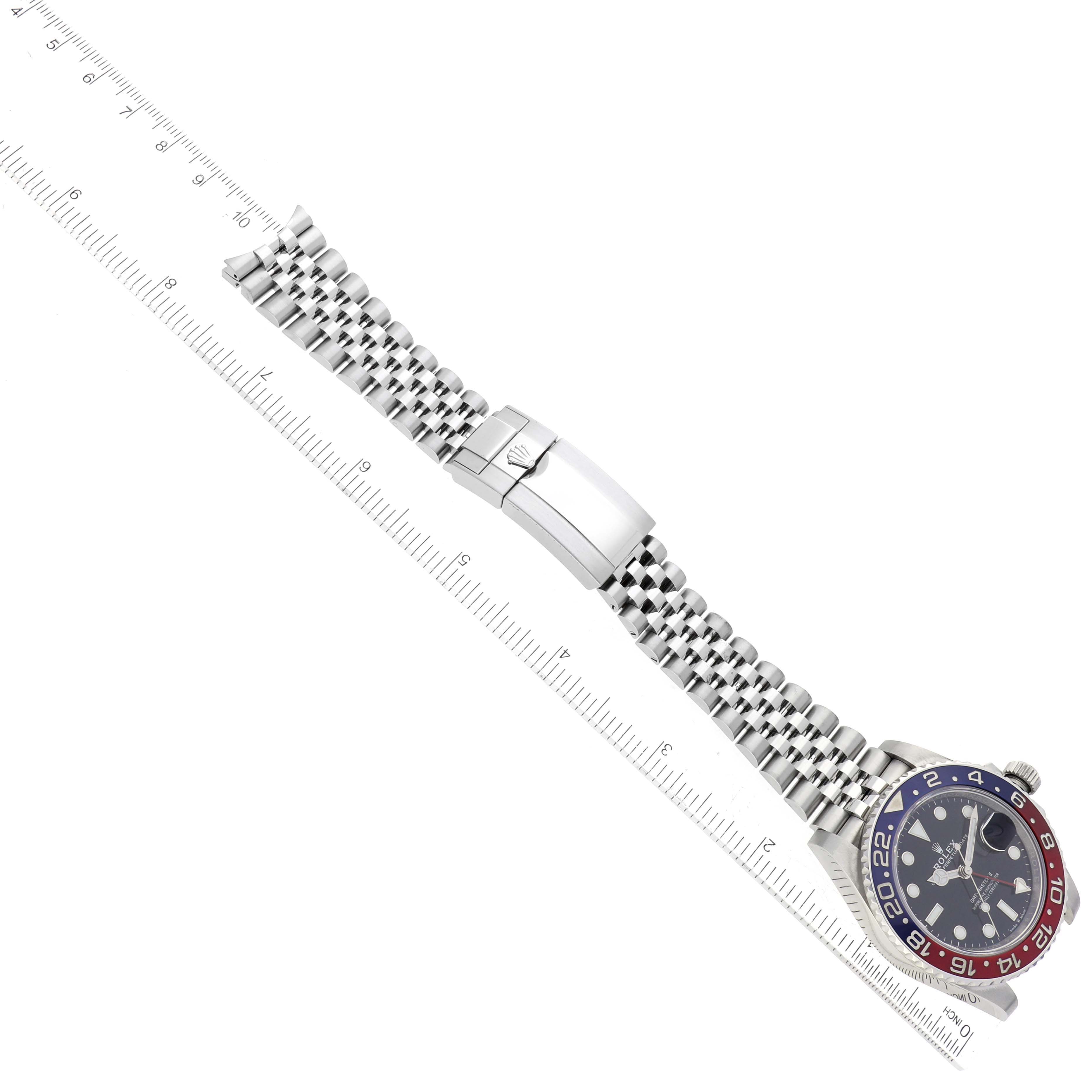 The image shows a Rolex GMT-Master 126710BLRO Men
s Stainless Steel Black Dial 126710BLRO Men
s Stainless Steel Black Dial watch at a slight angle, displaying the full bracelet and clasp along with the watch face and bezel.