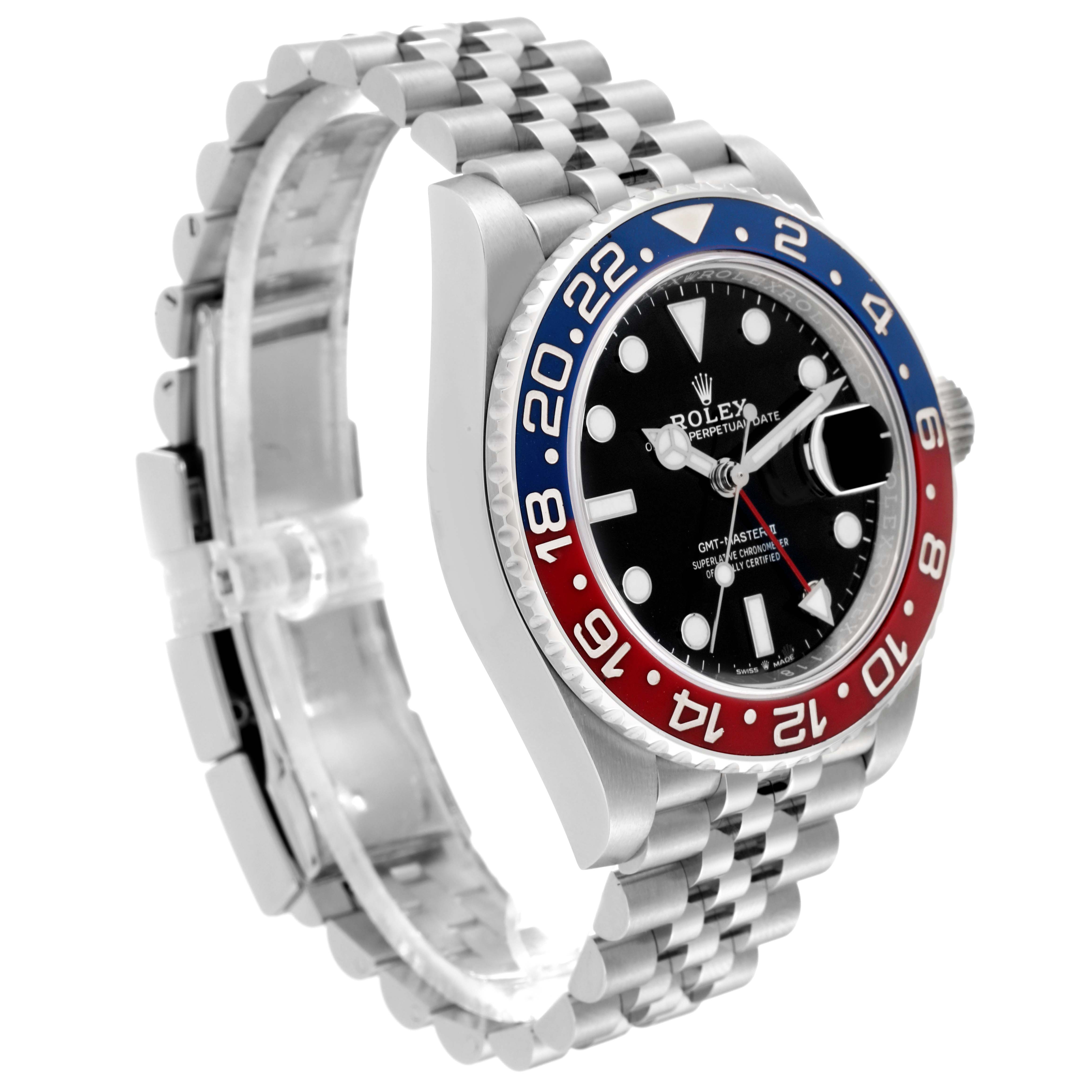 This image shows a side view of a Rolex GMT-Master 126710BLRO Men
s Stainless Steel Black Dial 126710BLRO Men
s Stainless Steel Black Dial watch, highlighting its bezel, case, dial, bracelet, and crown.
