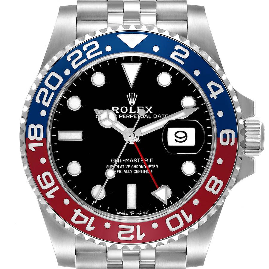 This image shows a frontal view of a Rolex GMT-Master II watch with a blue and red bezel and date window.