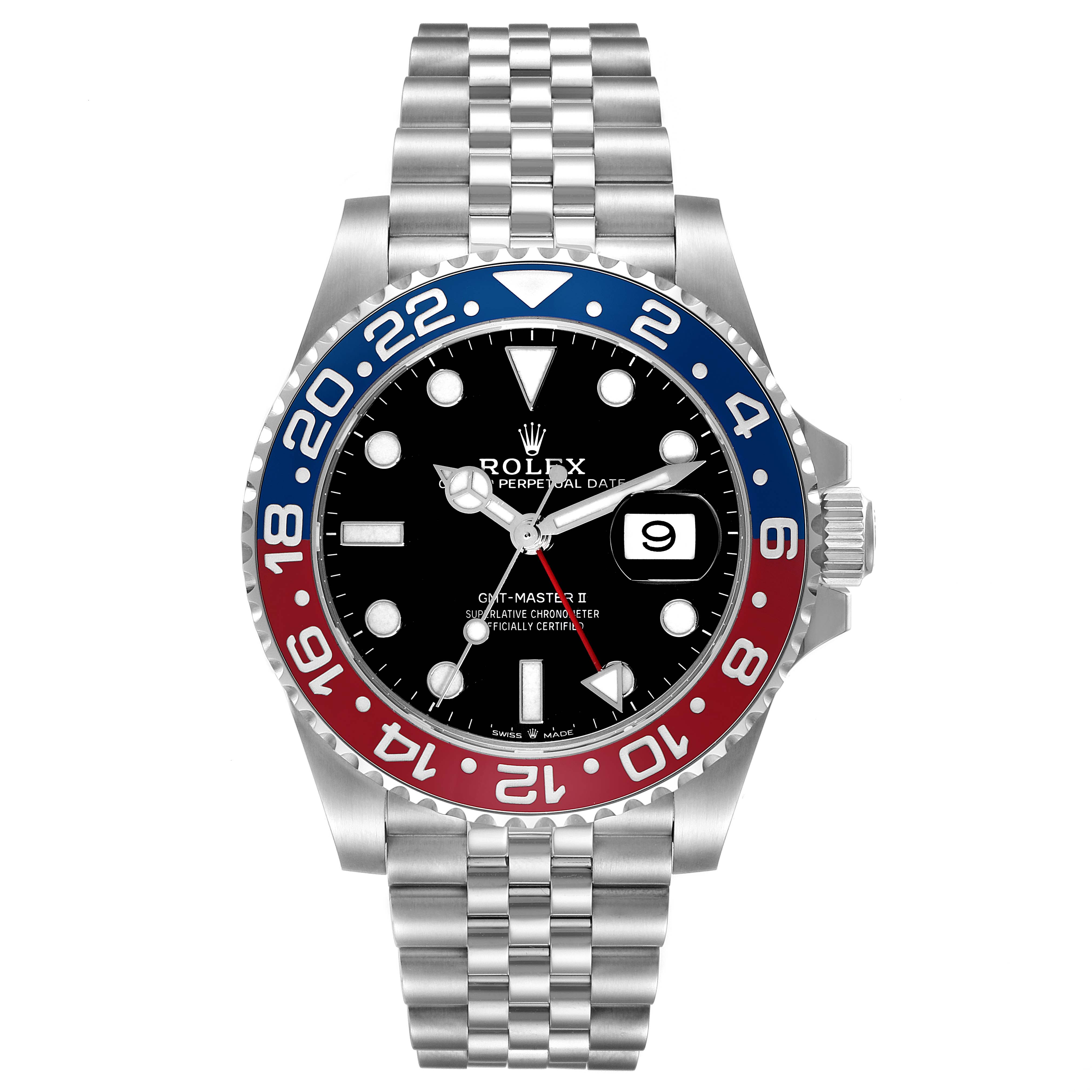 The image shows a front view of a Rolex GMT-Master 126710BLRO Men
s Stainless Steel Black Dial 126710BLRO Men
s Stainless Steel Black Dial watch, displaying its bezel, dial, hands, and bracelet.
