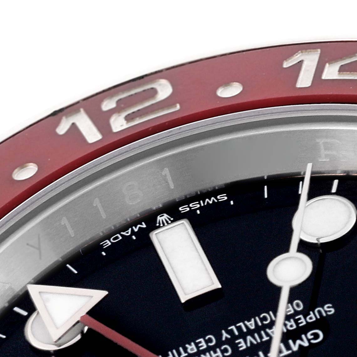 This close-up angle of the Rolex GMT-Master 126710BLRO Men
s Stainless Steel Black Dial 126710BLRO Men
s Stainless Steel Black Dial watch shows part of the bezel, hour markers, and hands.