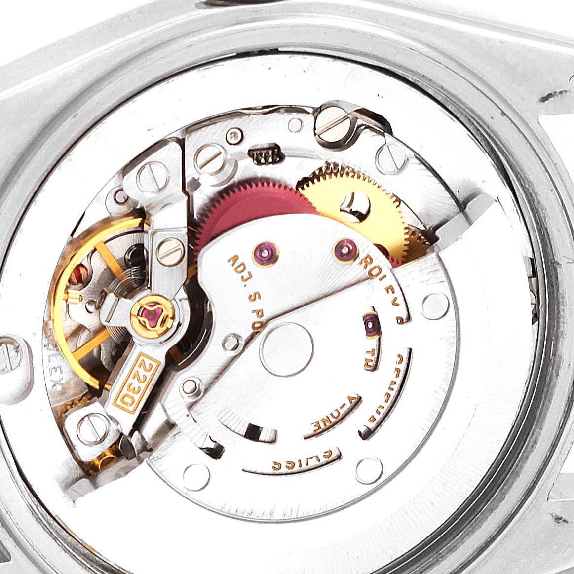This image shows the internal mechanism of a Rolex Mid-Size 77080 Women
s Stainless Steel White Dial 77080 Women
s Stainless Steel White Dial model watch from a close-up, top-down angle.