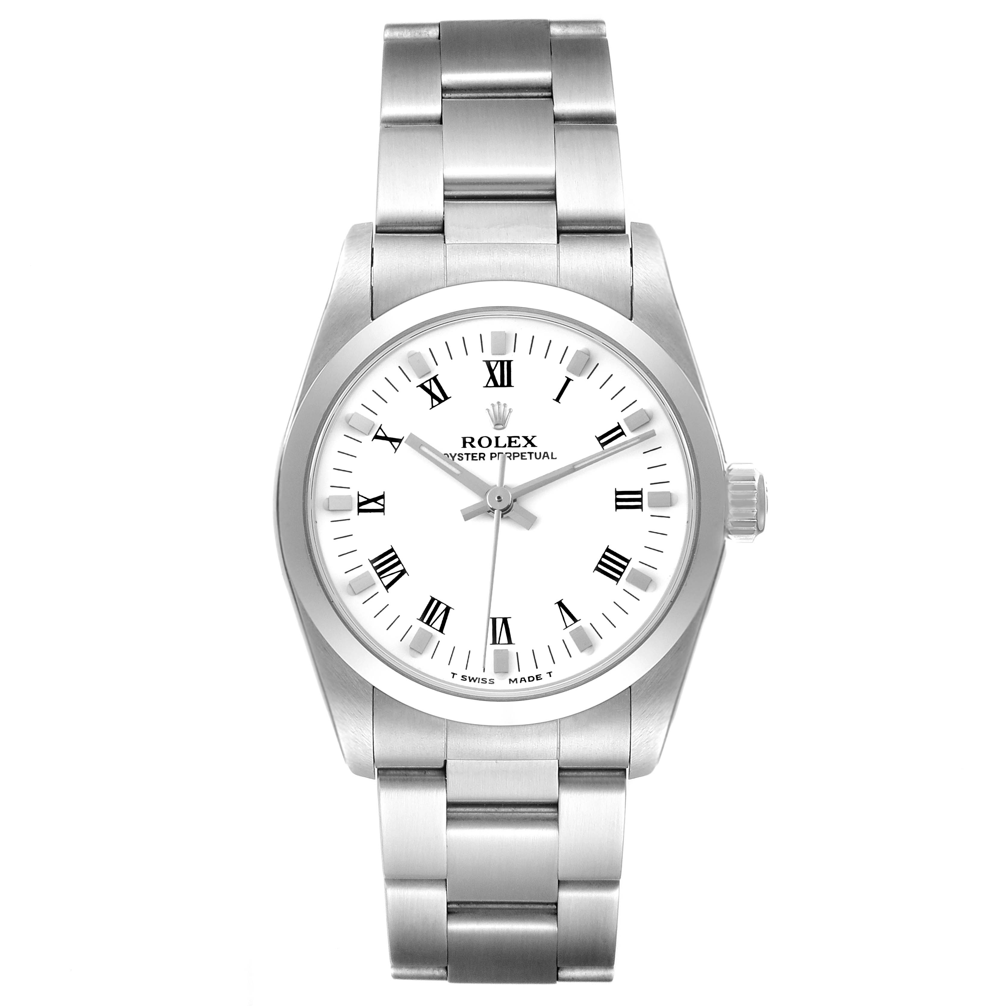 This is a front view of a Rolex Oyster Perpetual Mid-Size watch, showing the face, bezel, bracelet, and crown.