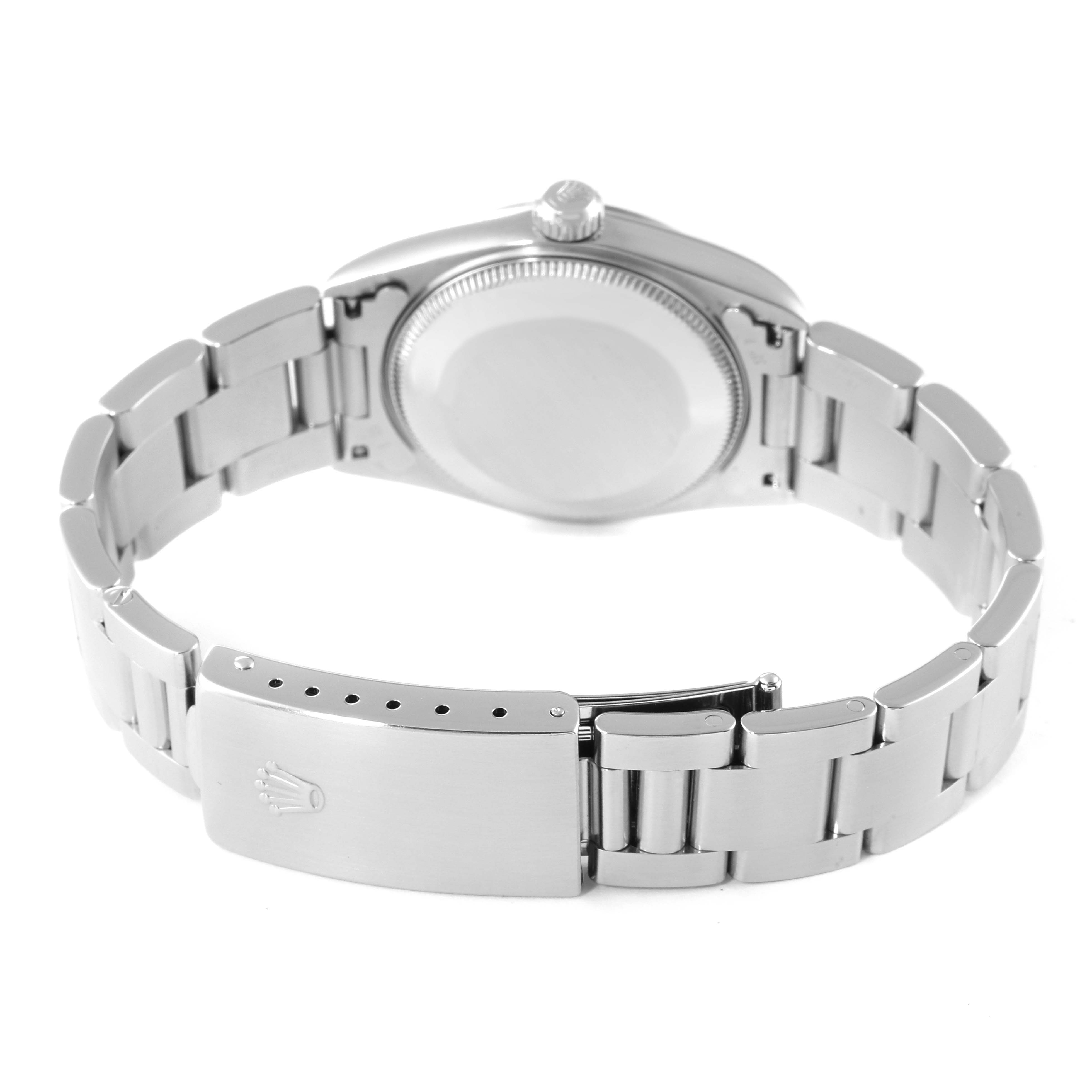 This image shows the back angle of a Rolex Mid-Size 77080 Women
s Stainless Steel White Dial 77080 Women
s Stainless Steel White Dial model watch, focusing on its bracelet, clasp, and case back.
