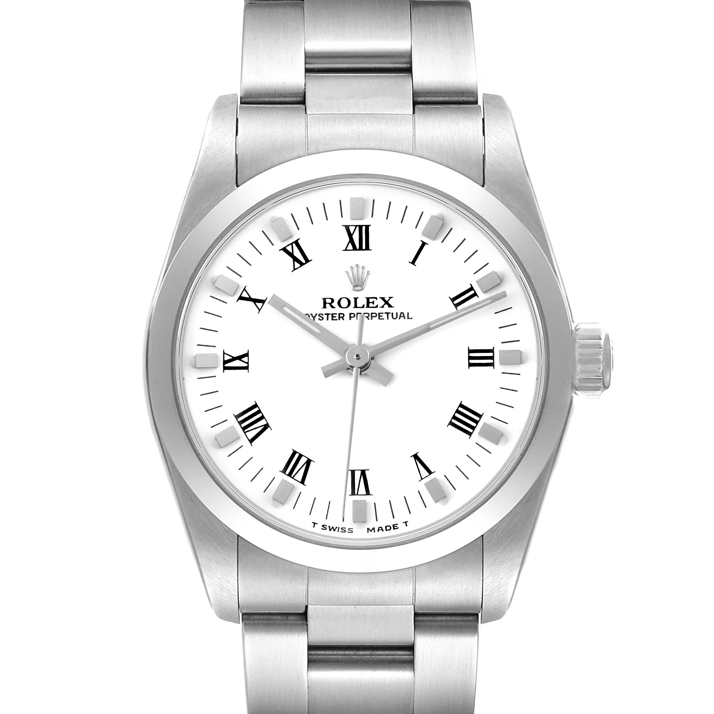The image shows a front view of a Mid-Size Rolex Oyster Perpetual watch, highlighting its bracelet, bezel, crown, and dial with Roman numerals.
