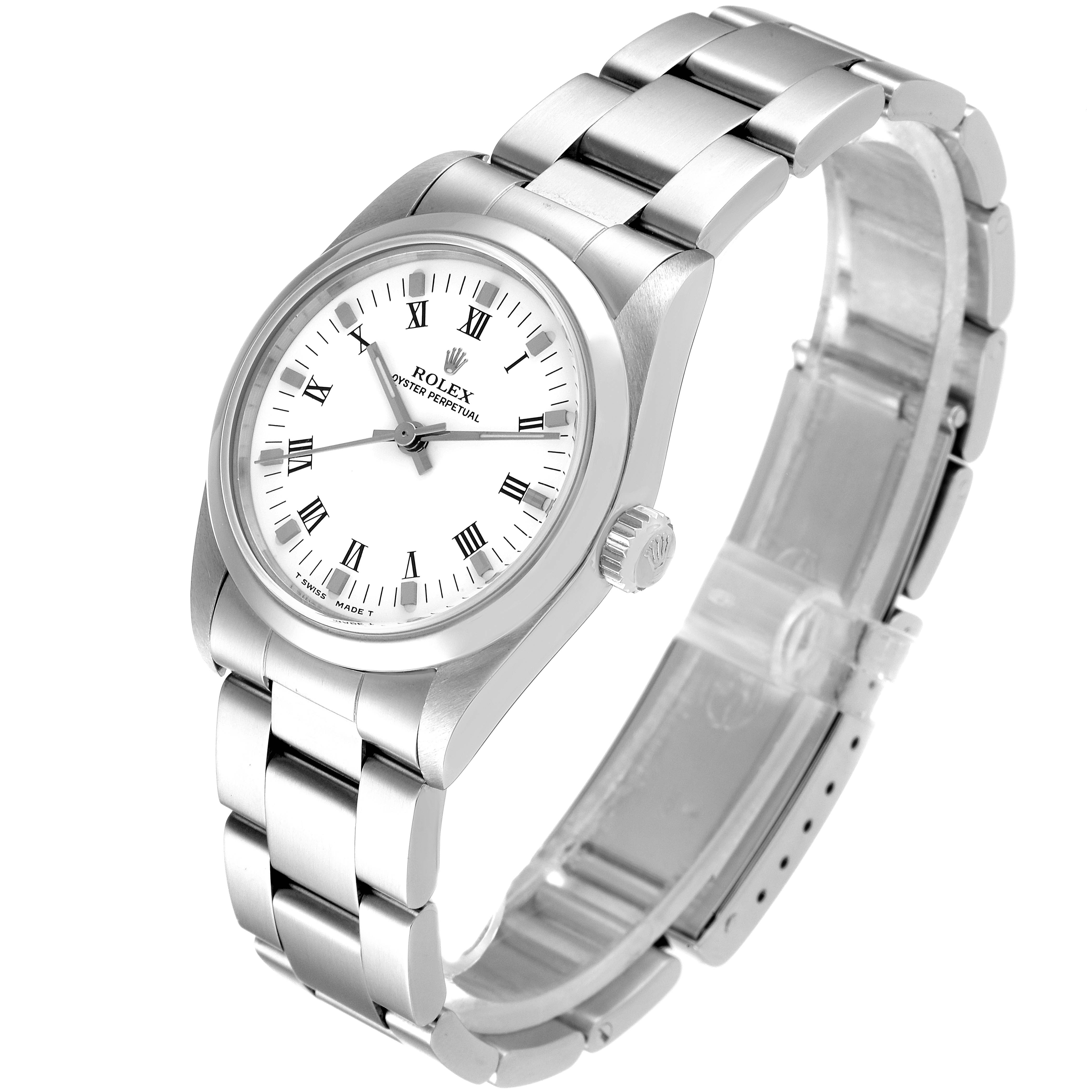 The image shows a Rolex Oyster Perpetual Mid-Size model at a three-quarter angle, highlighting the bracelet, crown, and face.
