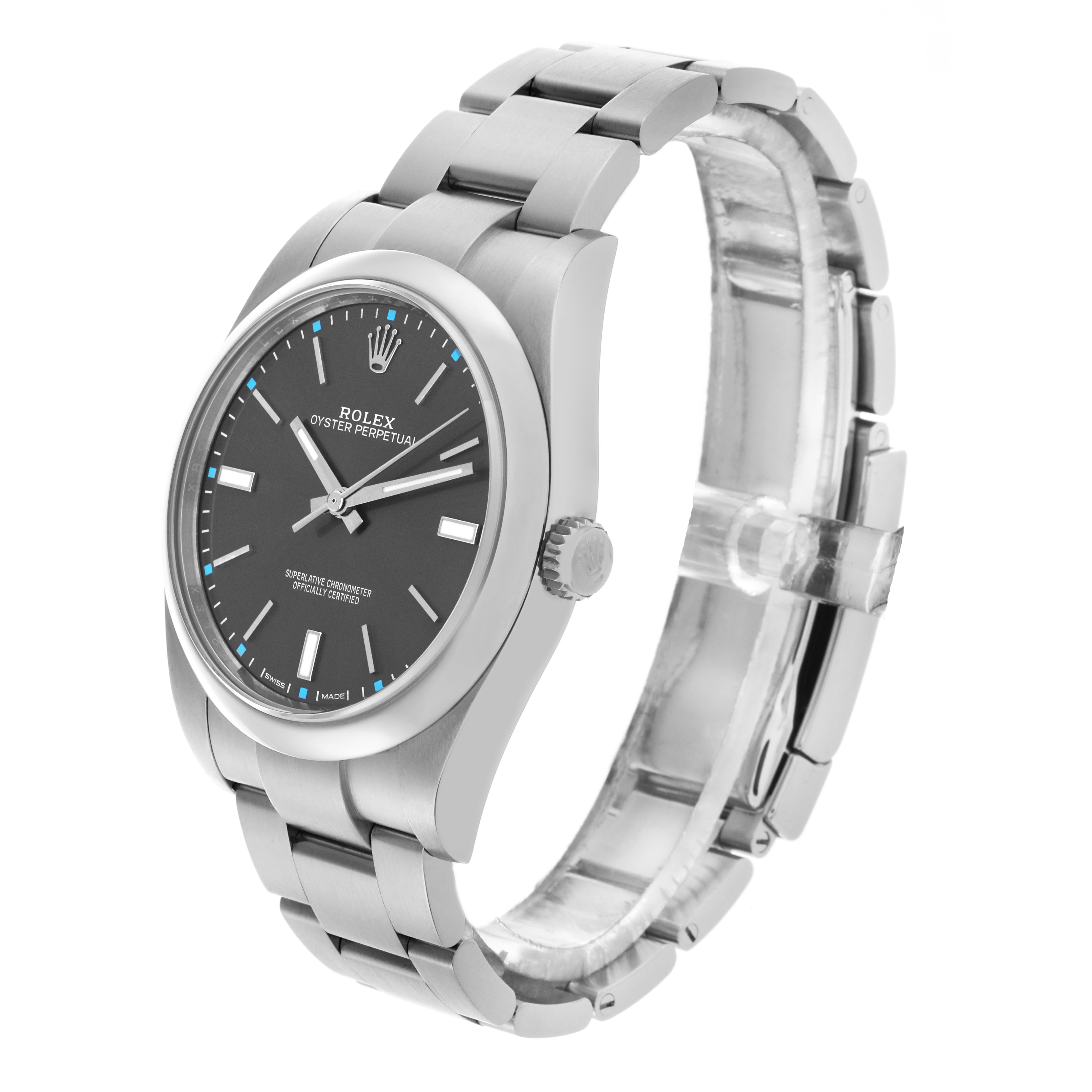 The Rolex Oyster Perpetual 114300 Men
s Stainless Steel Grey Dial 114300 Men
s Stainless Steel Grey Dial watch is shown at a side angle, displaying its face, bezel, crown, and part of the bracelet.