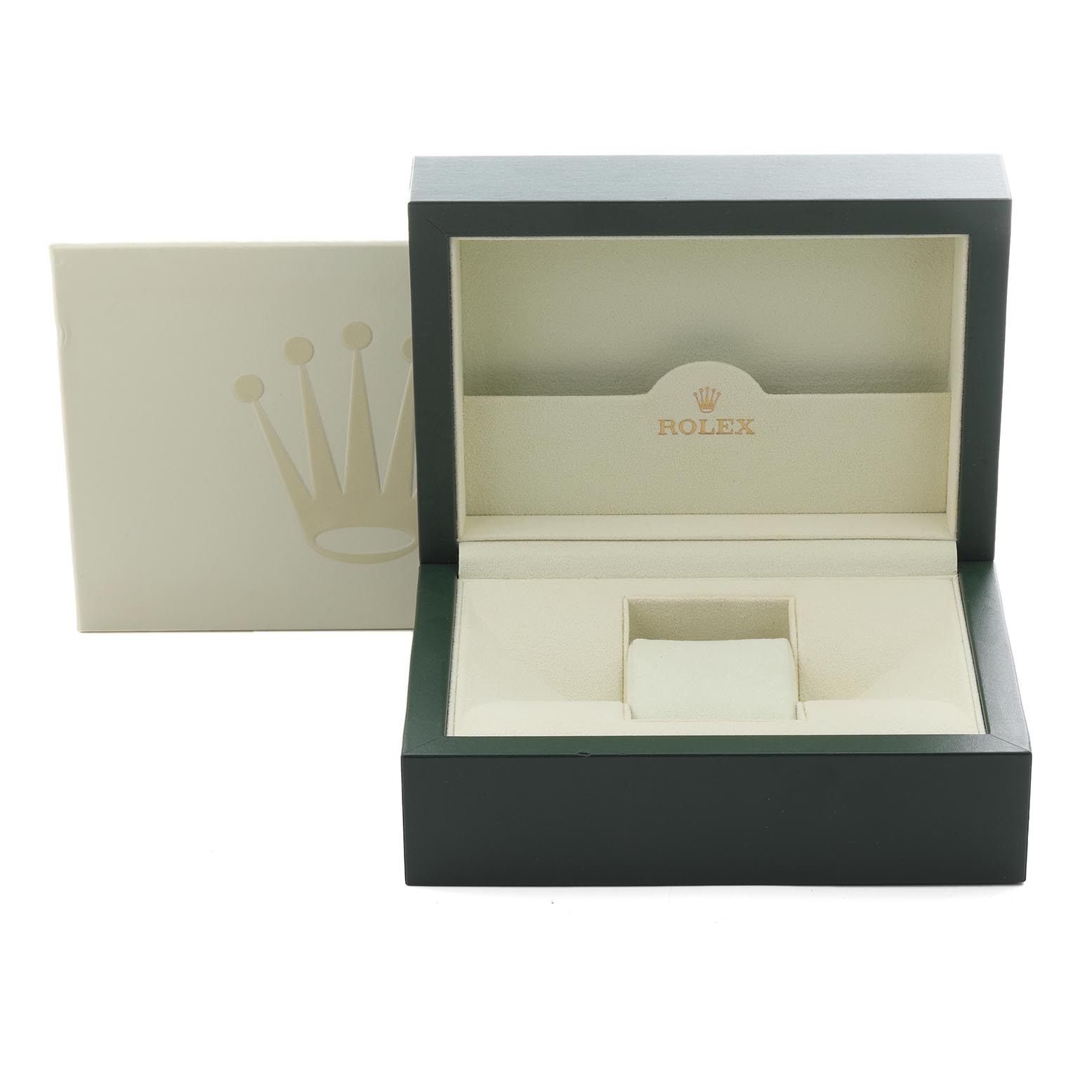 The image shows an open Rolex Oyster Perpetual 114300 Men
s Stainless Steel Grey Dial 114300 Men
s Stainless Steel Grey Dial watch box with the inner cushioning and the Rolex logo visible.