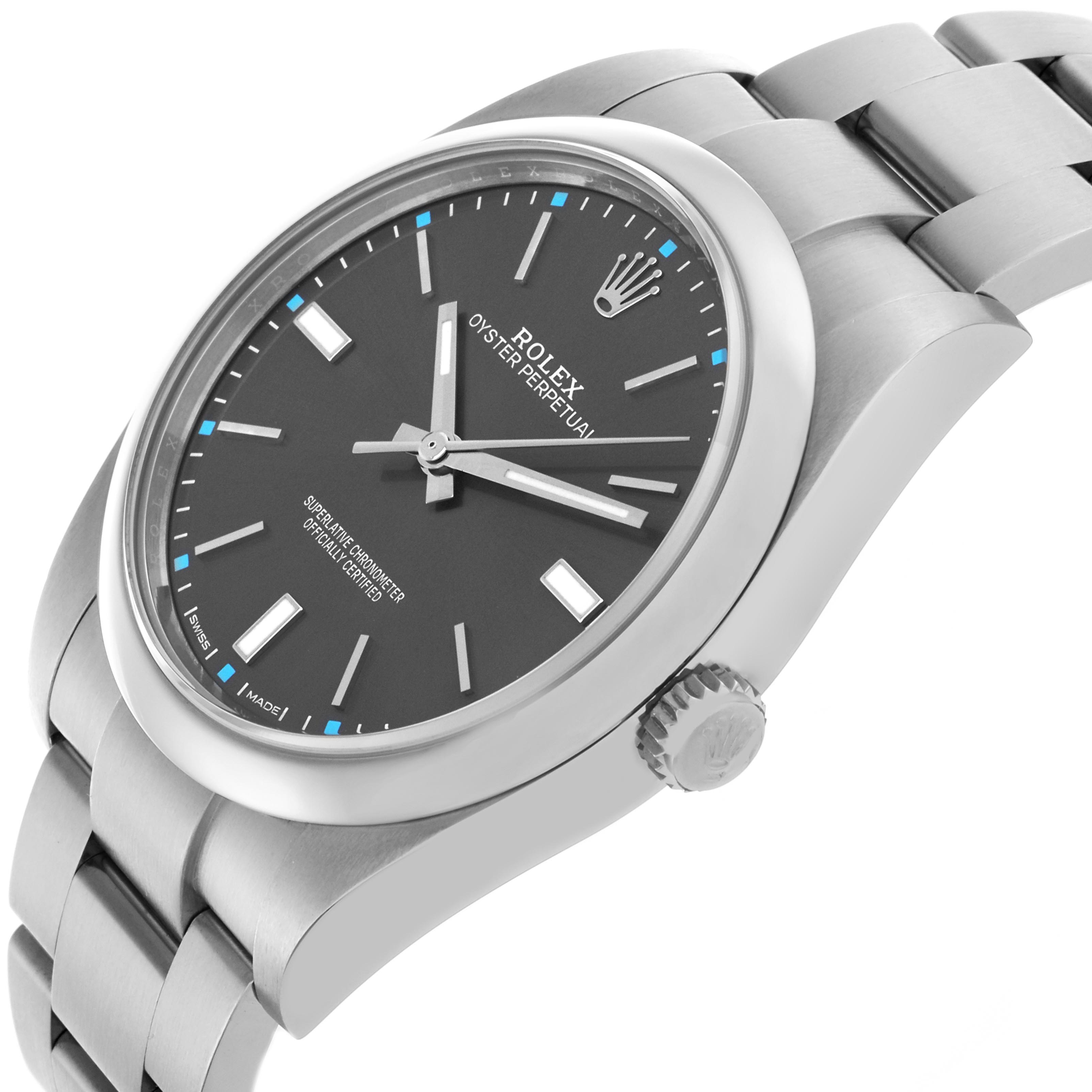 The Rolex Oyster Perpetual 114300 Men
s Stainless Steel Grey Dial 114300 Men
s Stainless Steel Grey Dial watch is shown at a side angle displaying the crown, bezel, and part of the bracelet.