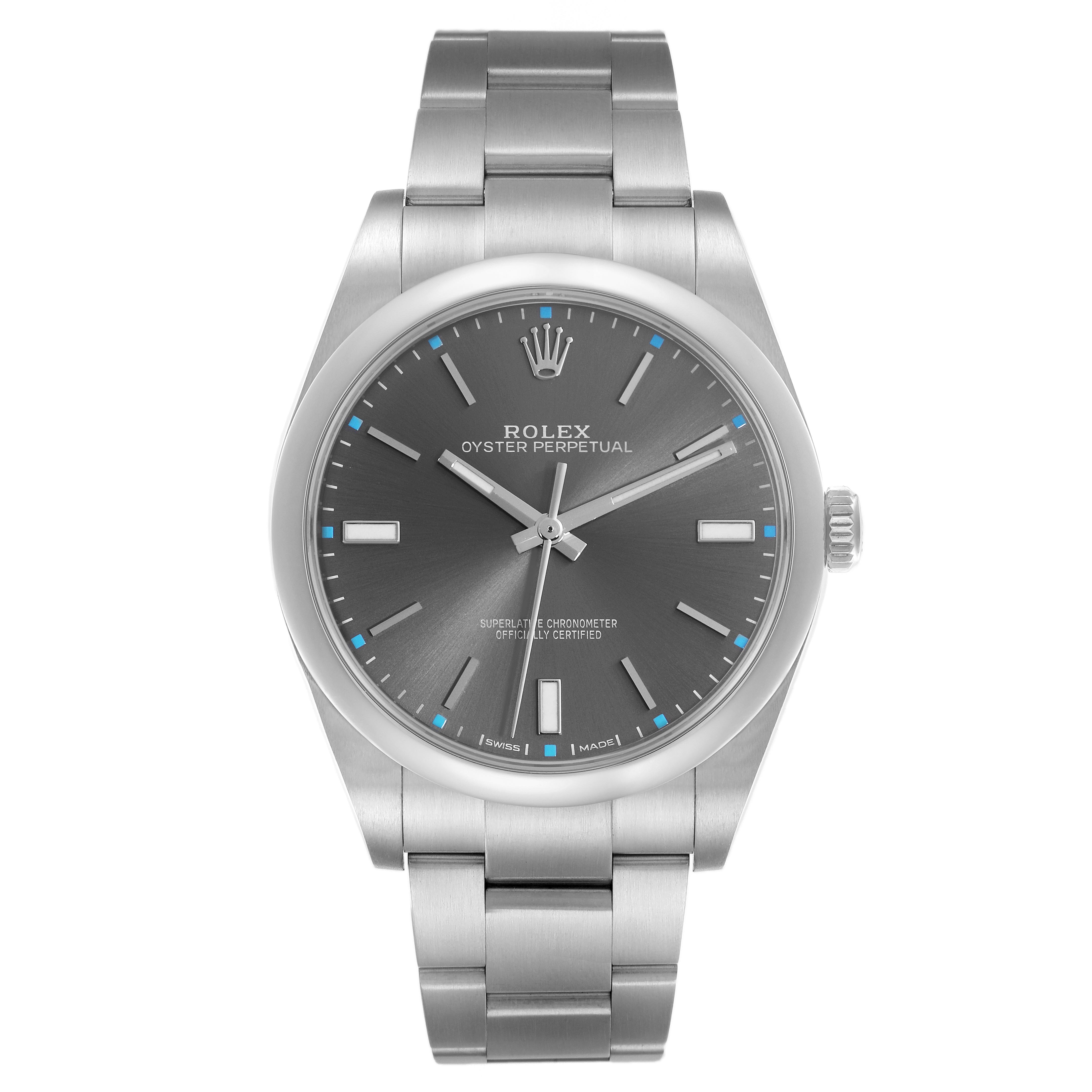 The Rolex Oyster Perpetual 114300 Men
s Stainless Steel Grey Dial 114300 Men
s Stainless Steel Grey Dial watch is shown from a front angle, displaying the full face and part of the bracelet.
