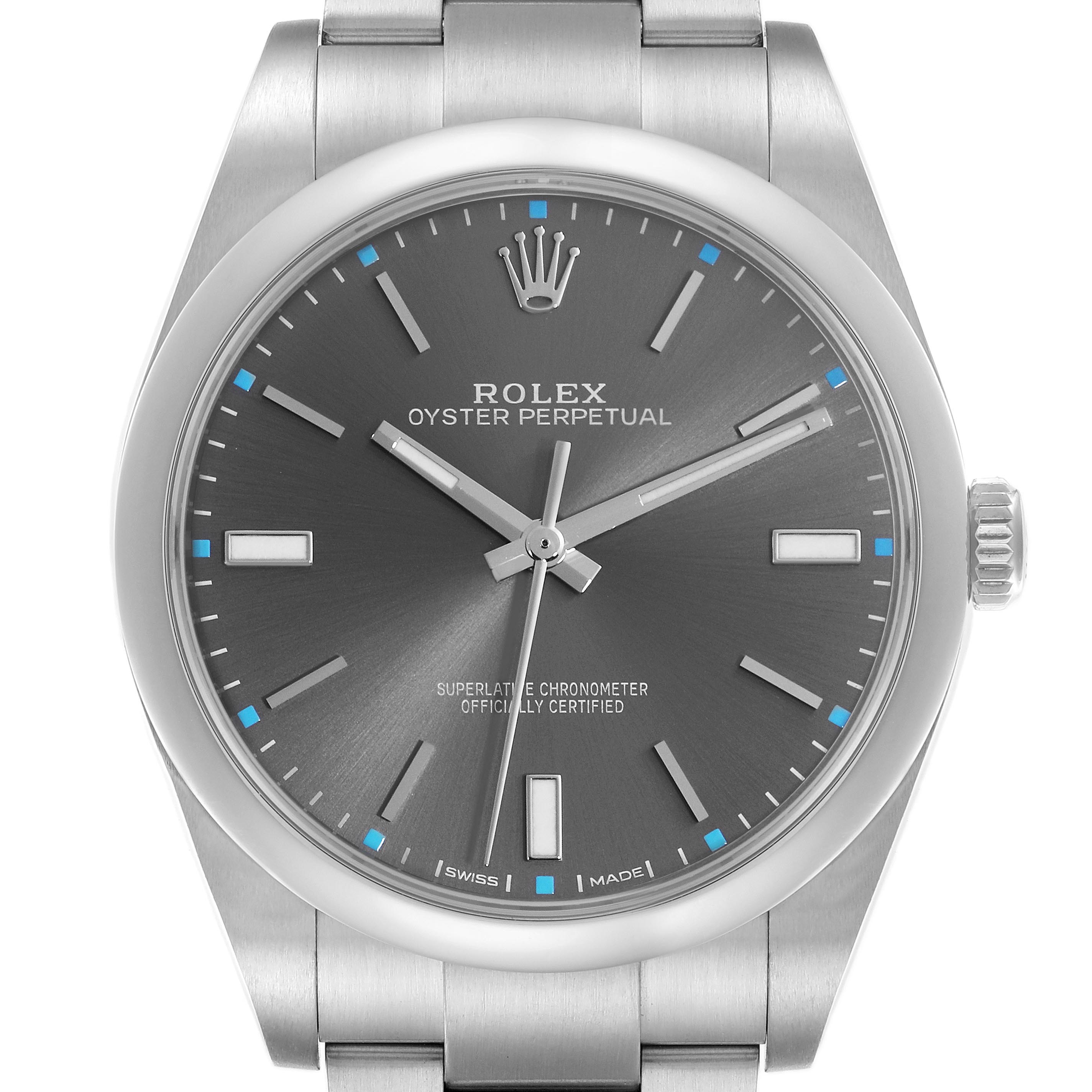 The Rolex Oyster Perpetual 114300 Men
s Stainless Steel Grey Dial 114300 Men
s Stainless Steel Grey Dial watch is shown from a frontal angle, highlighting the dial, bezel, and crown.