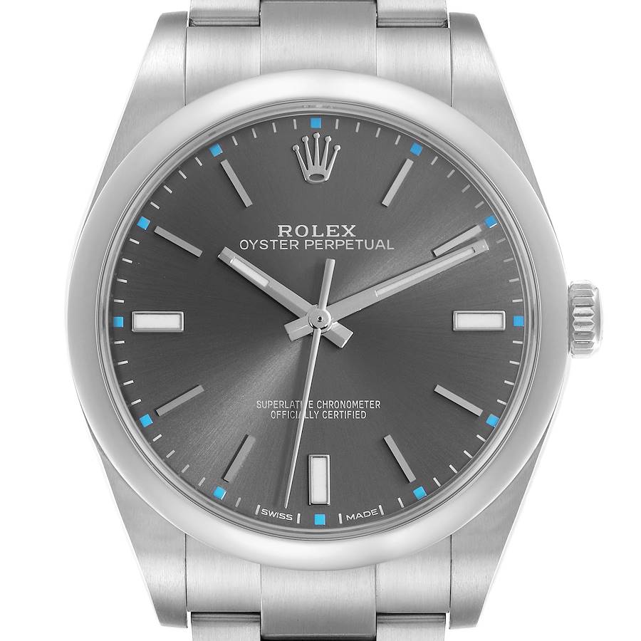 The Rolex Oyster Perpetual watch is shown from a frontal angle, highlighting the dial, bezel, and crown.