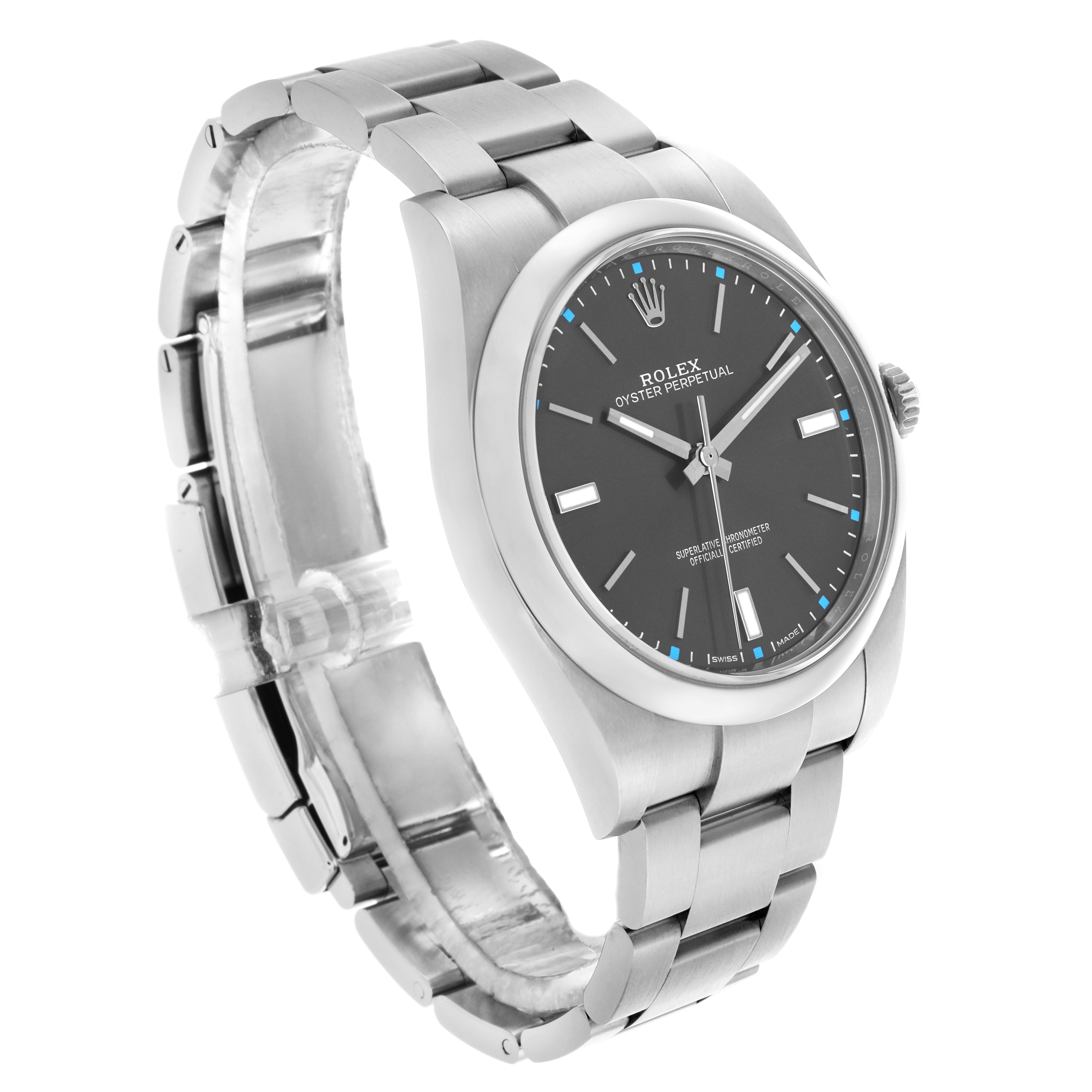 The Rolex Oyster Perpetual 114300 Men
s Stainless Steel Grey Dial 114300 Men
s Stainless Steel Grey Dial watch is shown at a three-quarter angle, displaying the face, bezel, and part of the bracelet.