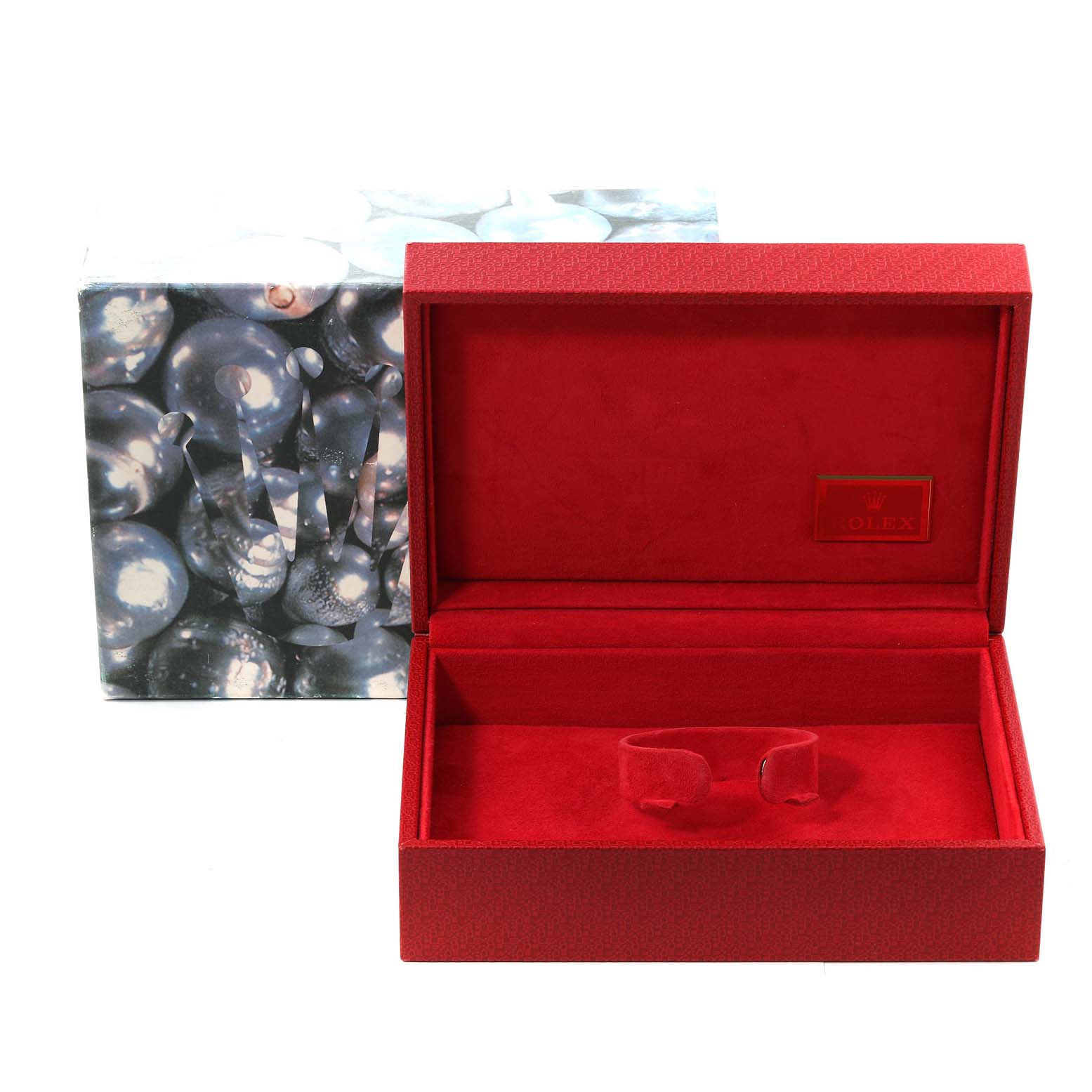 The image shows a Rolex President 69179 Women's White Gold Silver Dial 69179 Women's White Gold Silver Dial model watch box open at an angle, revealing its red interior and watch cushion inside.