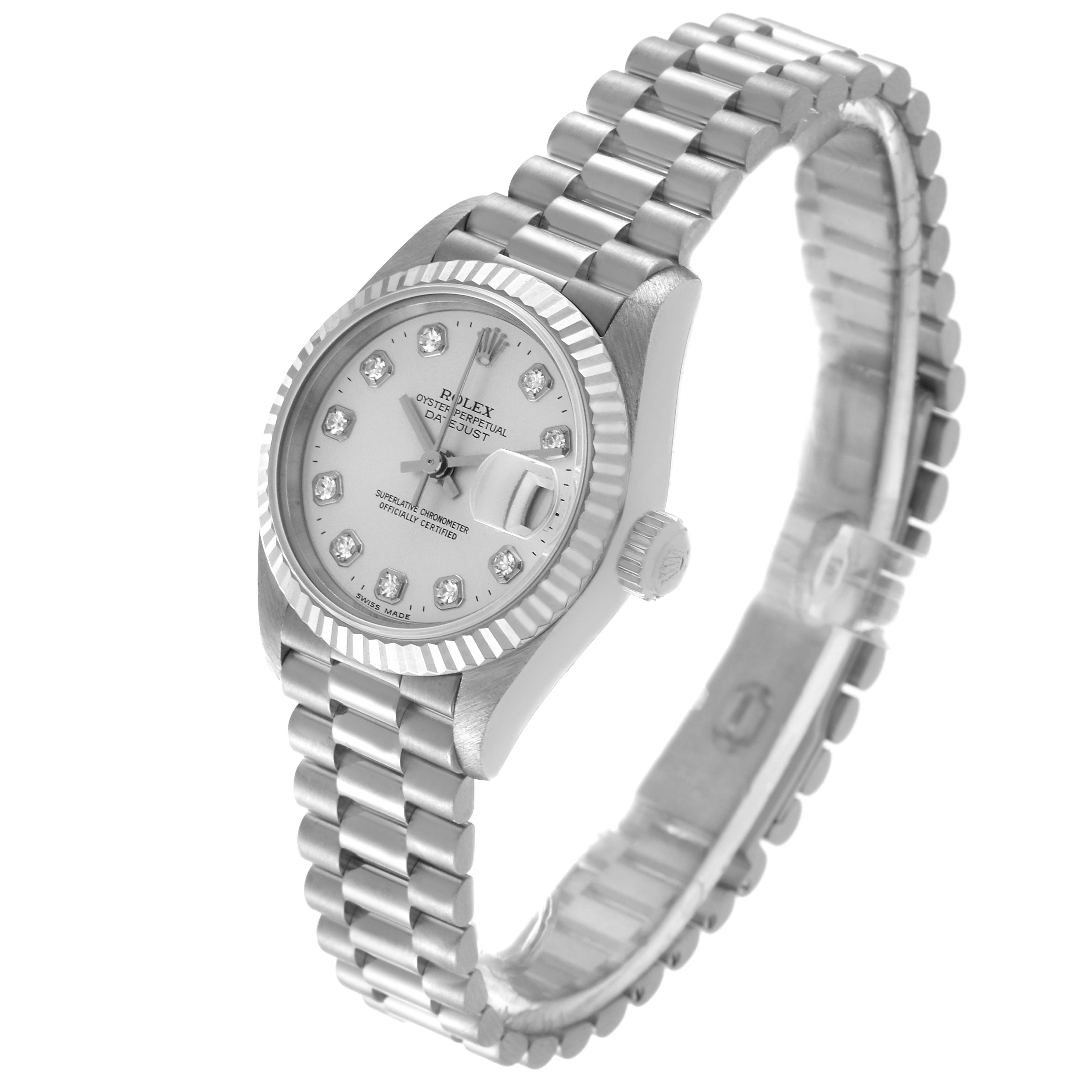 The image shows a Rolex President 69179 Women's White Gold Silver Dial 69179 Women's White Gold Silver Dial watch at a three-quarter angle, highlighting its dial, bezel, and bracelet.